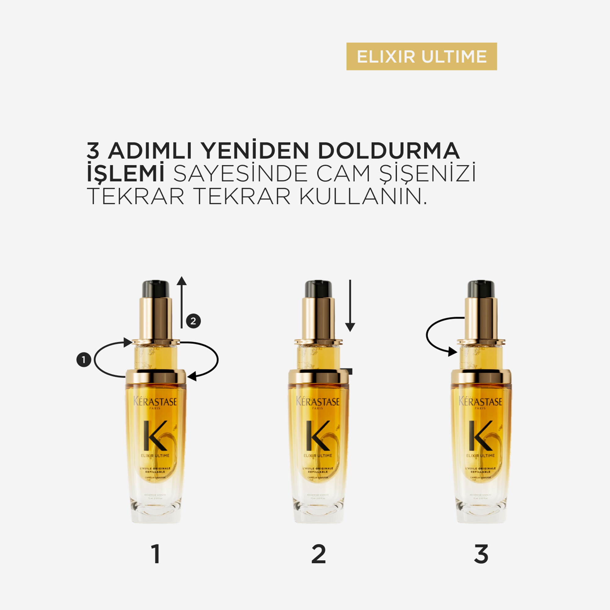 Kerastase Elixir Ultime Refill 3 ADIMLI YENİDEN DOLDURMA İŞLEMİ SAYESİNDE CAM ŞİŞENİZİ TEKRAR TEKRAR KULLANIN