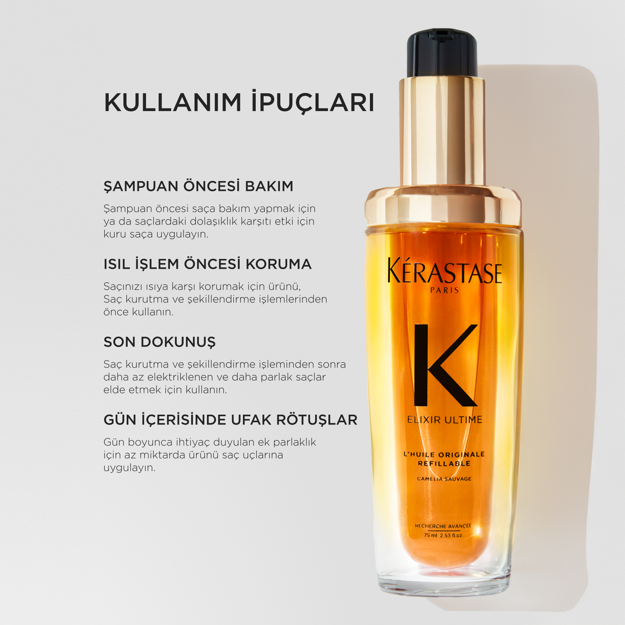 Kerastase Elixir Ultime Esans piramidi Frezya Notası Sandal Ağacı Notası Heliotrop Notası