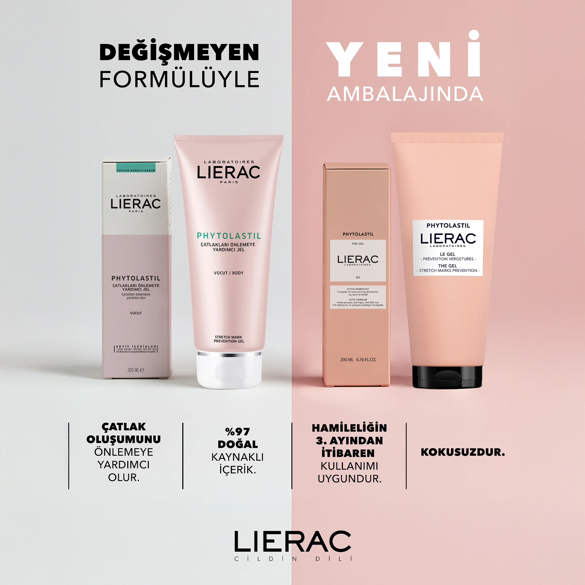 Göğüs, karın, kalça ve basen bölgelerinde çatlak görünümünü önlemeye yardımcı olan Lierac Phytolastil Gel.