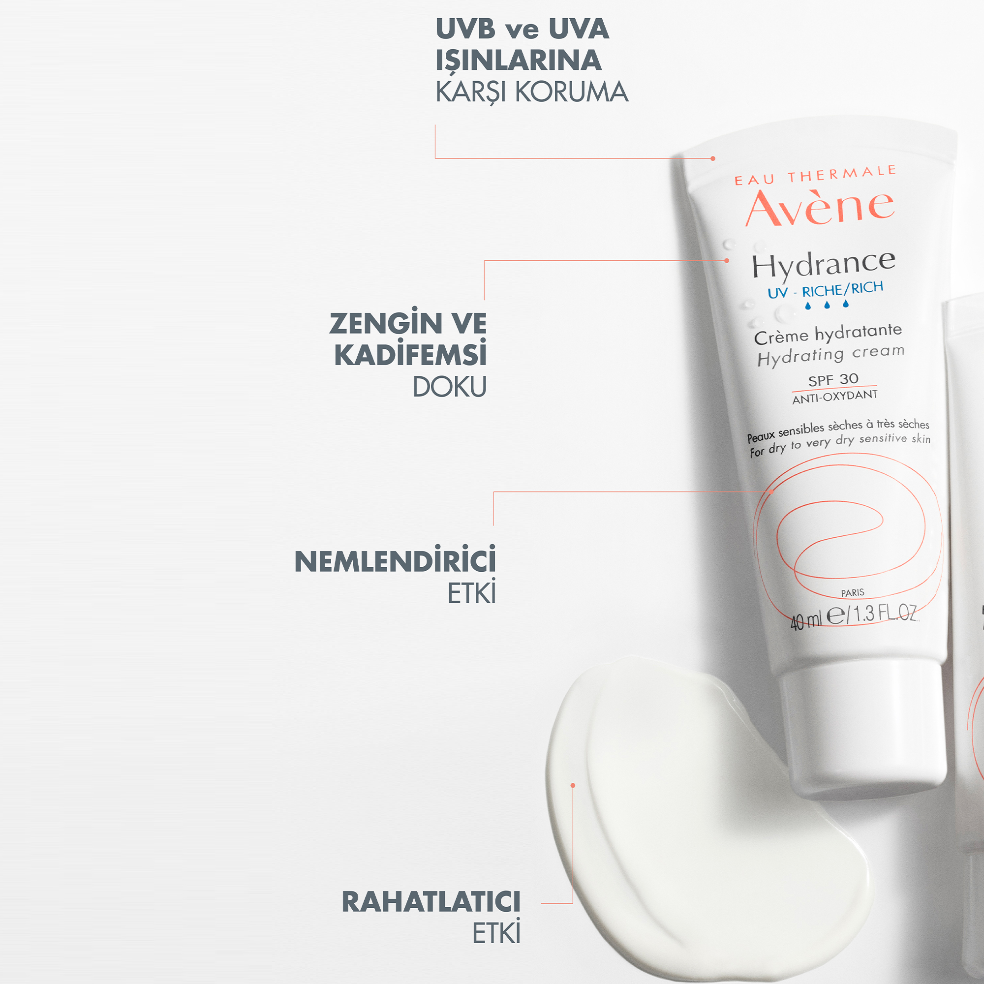 Avene Hydrance Rich SPF30 Kuru ve Hassas Ciltler için Güneş Korumalı Nemlendirici Krem 40 ml - Kuru ve hassas ciltler için yüksek SPF 30 koruma sağlayarak, derinlemesine nemlendiren krem