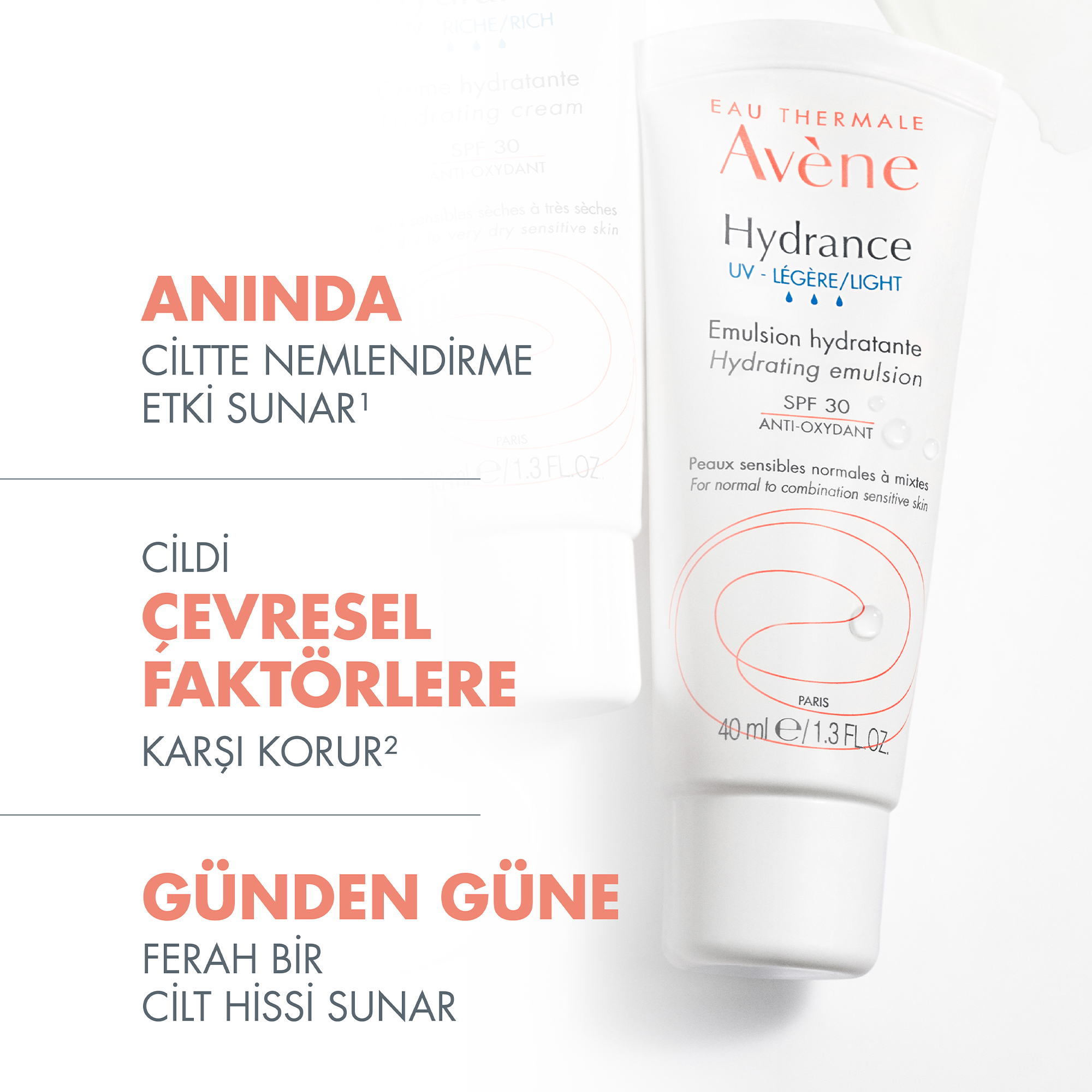 Avene Hydrance Light SPF30+ Hassas ve Karma Ciltler için Güneş Korumalı Nemlendirici Emülsiyon 40 ml - Hassas ve karma ciltler için yüksek SPF 30+ koruma sağlayan, nemlendirici emülsiyon