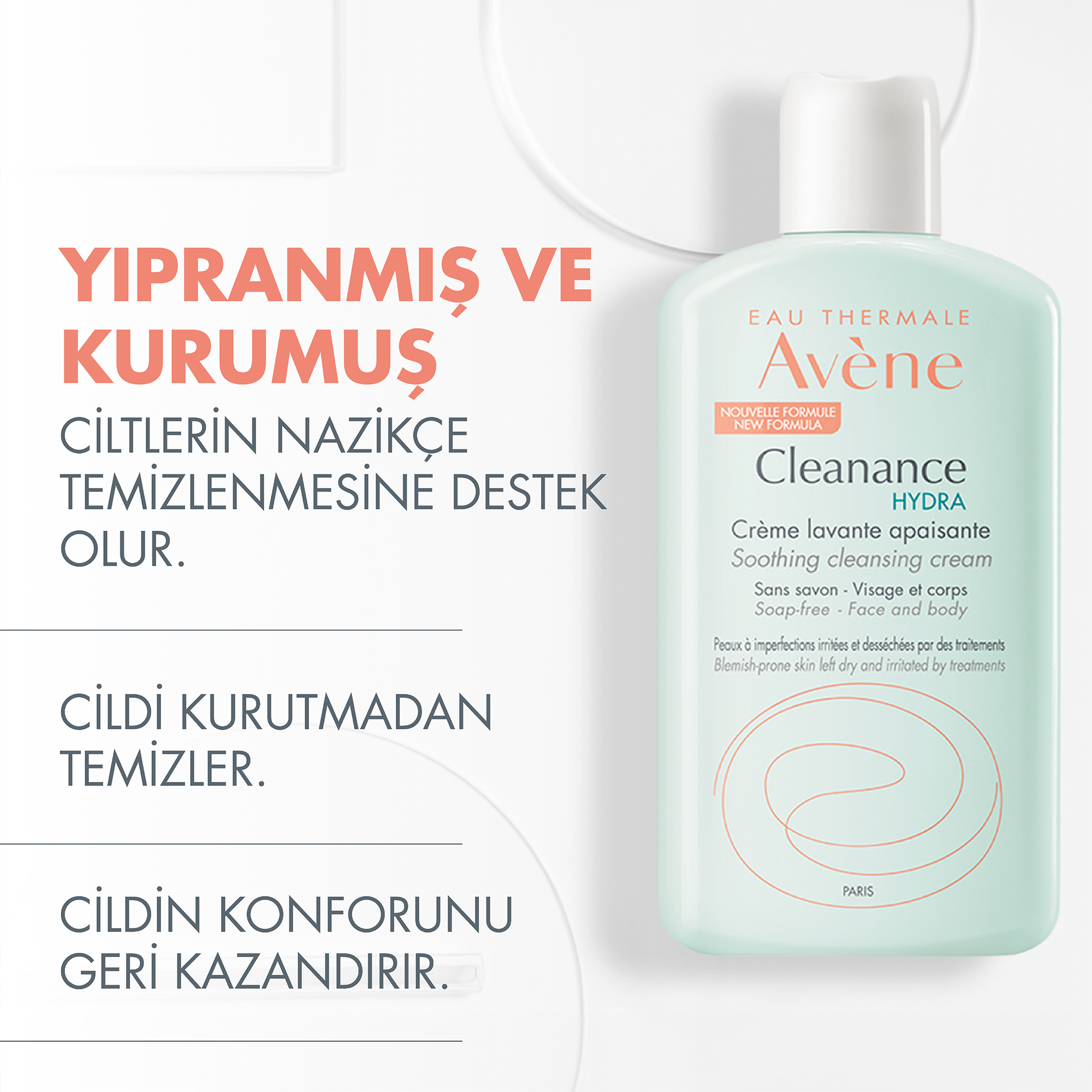 Avene Cleanance Hydra Yıpranmış ve Kurumuş Ciltler için Temizleme Kremi 200 ml – Cildi nazikçe temizlerken nemlendirici etki sağlayan, 200 ml'lik Avene Cleanance Hydra kremi.
