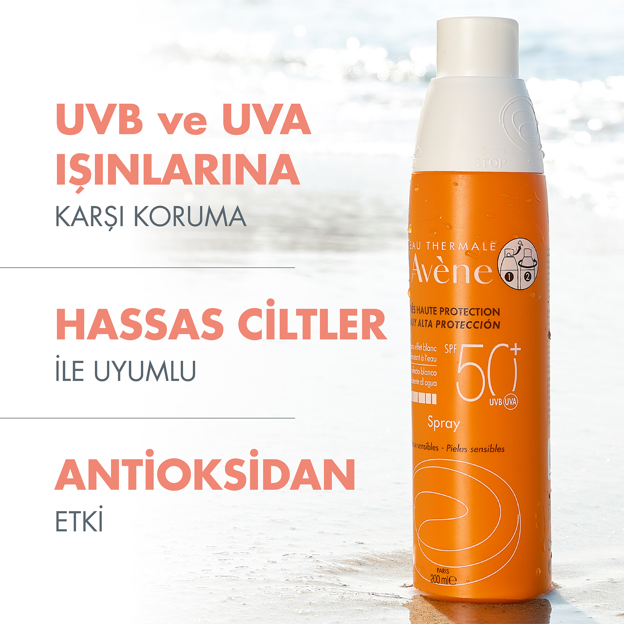 Avene Güneşten Koruyucu SPF 50+ Vücut Spreyi 200 ml - Cildi Tahriş Etmeden Koruyan, Parfümsüz Güneş Koruma Spreyi