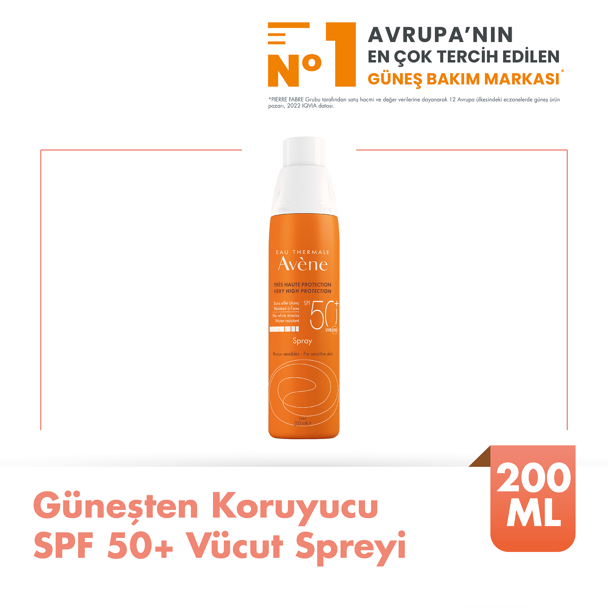 Avene Güneşten Koruyucu SPF 50+ Vücut Spreyi 200 ml - Geniş Alanlara Kolay Uygulanan, Hızlı Emilimli Vücut Güneş Koruyucu