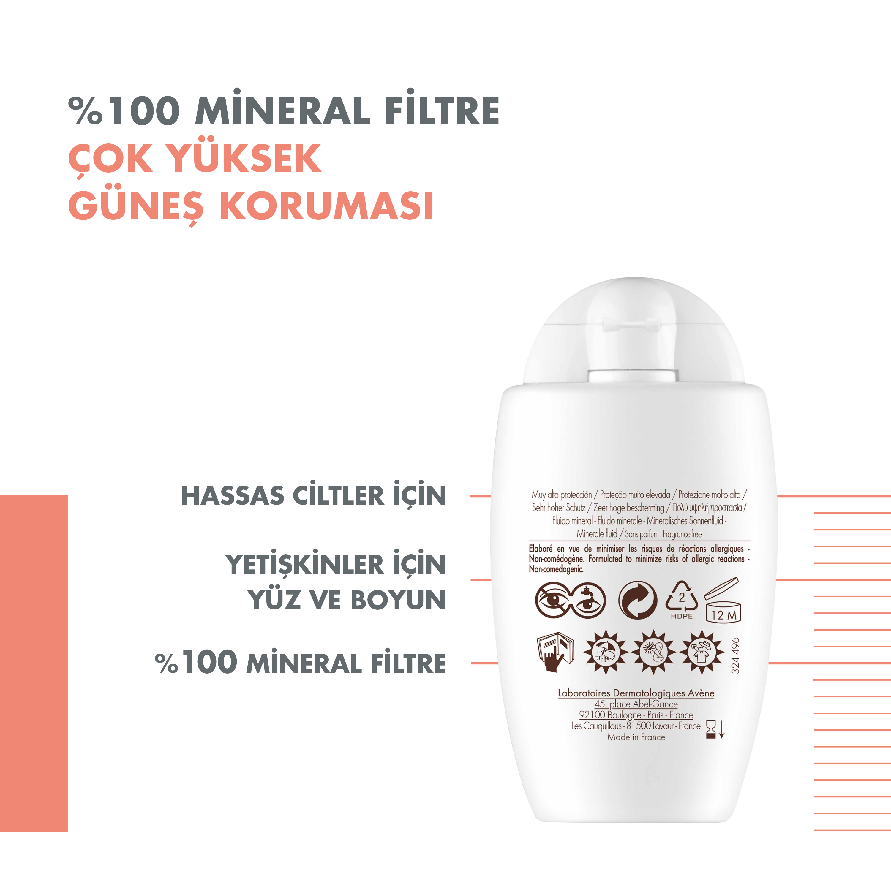 Avene Fluide Mineral Filtreli SPF 50+ Güneş Koruyucu 40 ml - Kimyasal Filtre İçermeyen, Cildi Tahriş Etmeyen Güneş Koruyucu