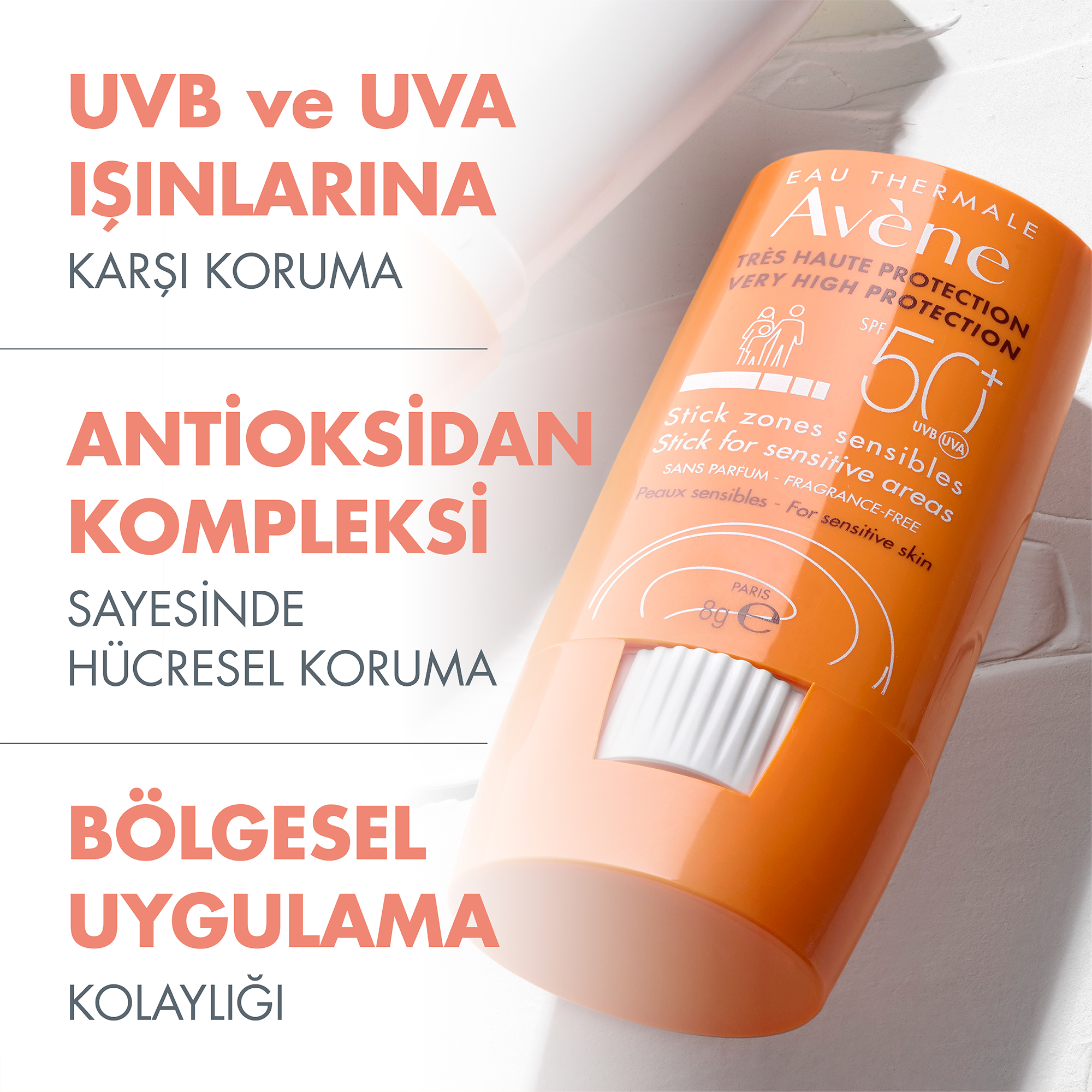 Avene Hassas Bölgeler için SPF 50+ Güneşten Koruyucu Stick 8 g - Günlük Kullanım İçin Uygun, Cildi Güneş Yanıklarına Karşı Koruyan Stick