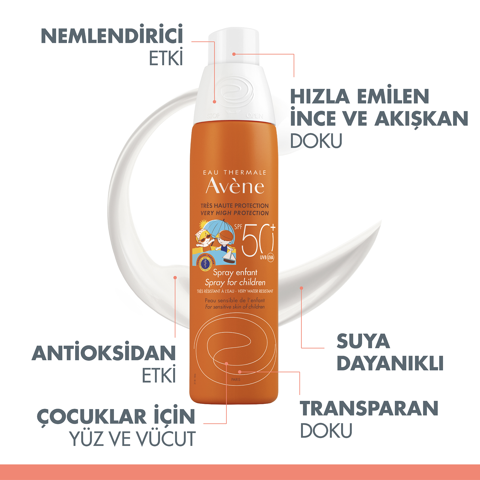 Avene Çocuklar için Güneşten Koruyucu SPF 50+ Vücut Spreyi 200 ml - Güneşin Zararlı Işınlarına Karşı Güçlü Koruma, Ciltte Ferahlık Sağlar
