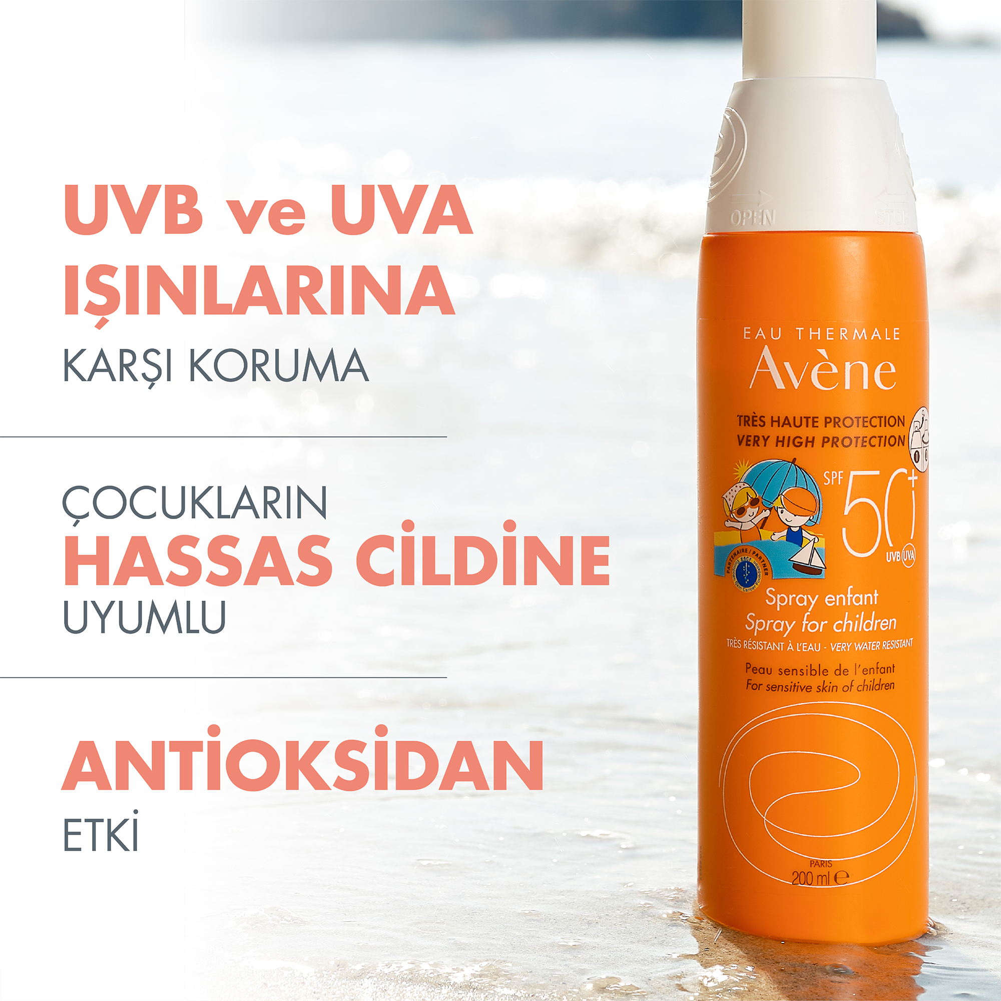 Avene Çocuklar için Güneşten Koruyucu SPF 50+ Vücut Spreyi 200 ml - Hassas Bebek ve Çocuk Ciltleri İçin Klinik Olarak Kanıtlanmış Koruma