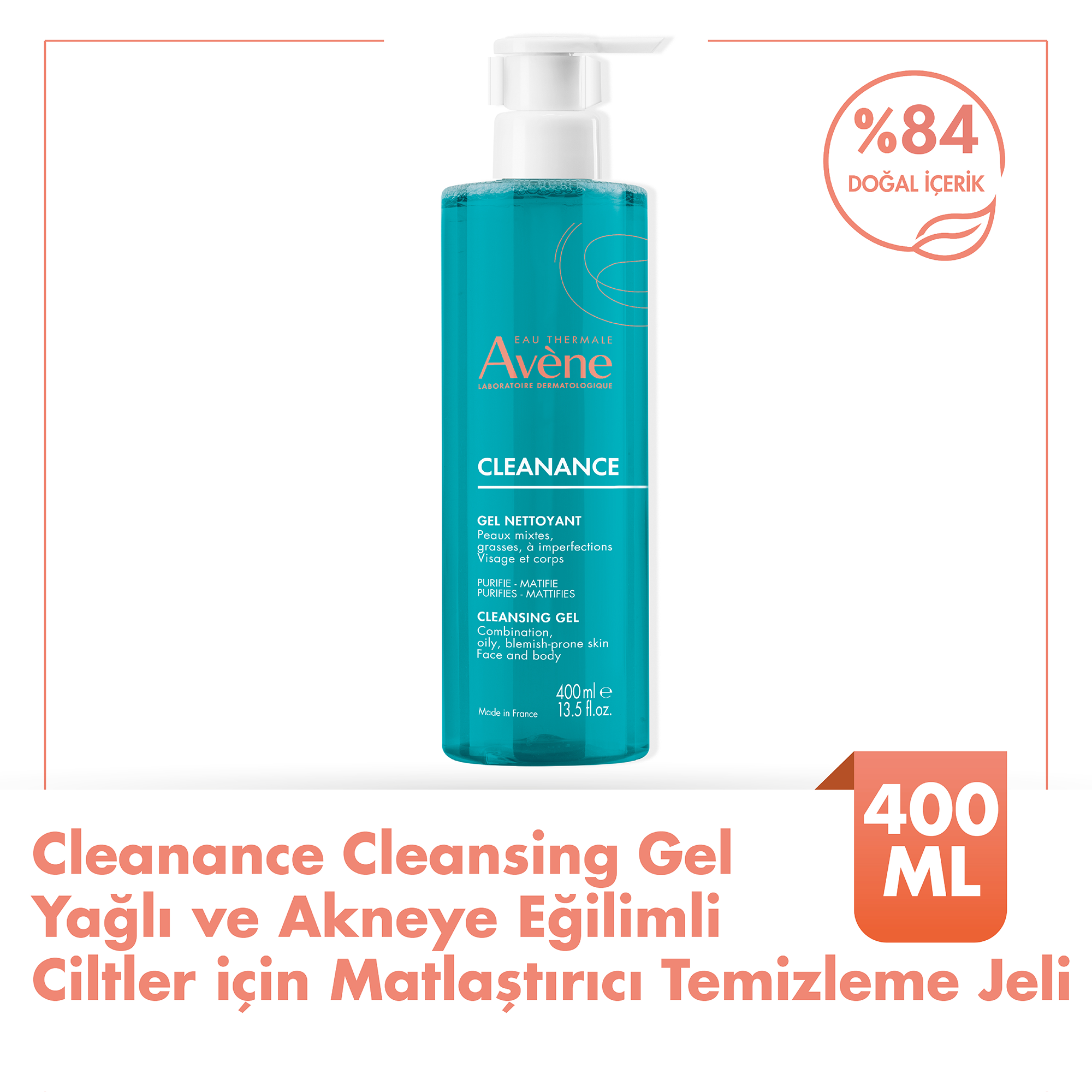 Avene Cleanance Yağlı ve Akneye Eğilimli Ciltler için Matlaştırıcı Temizleme Jeli 400 ml - Cildi Kurutmadan Arındıran, Yağ Dengesini Düzenleyen Jel