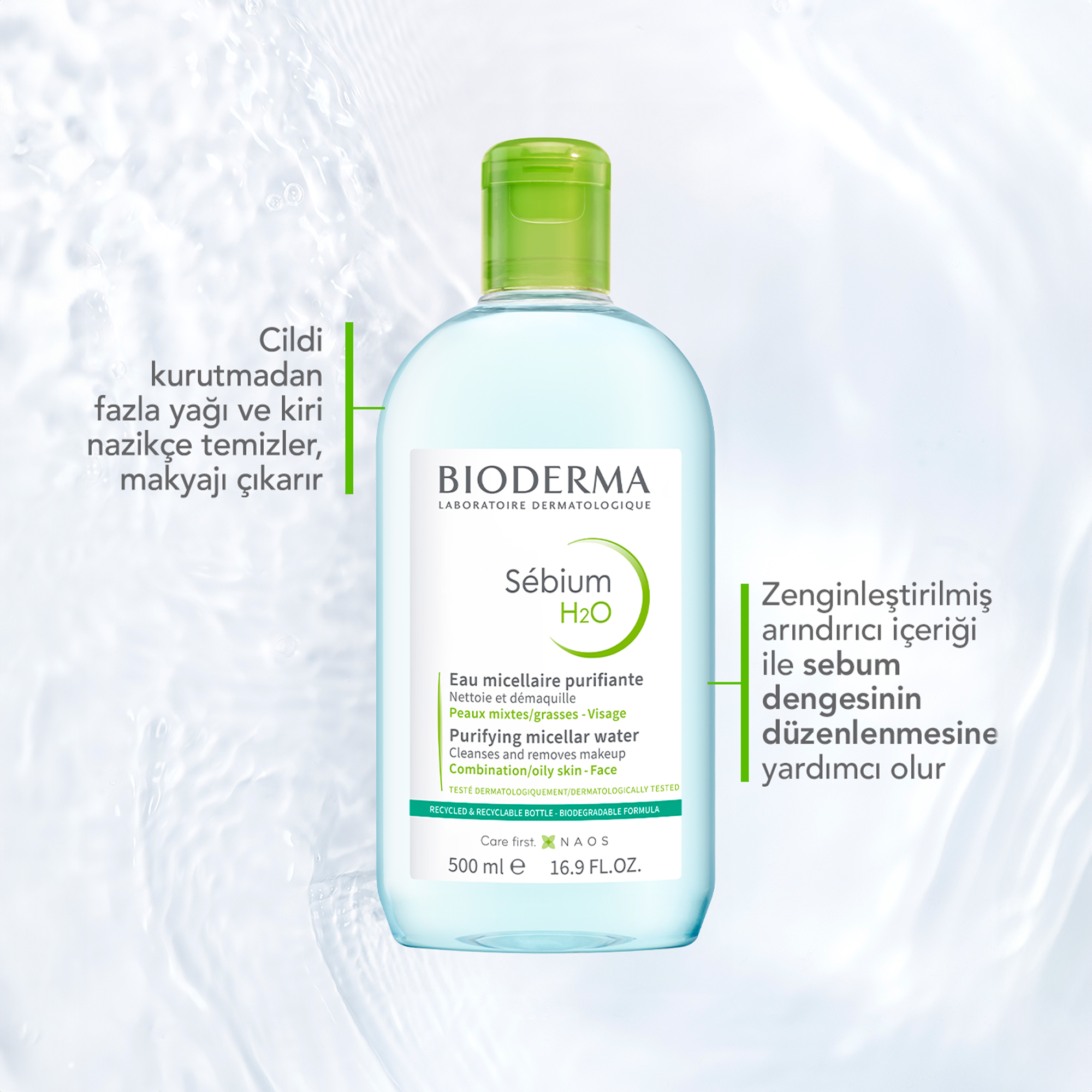 Bioderma Sebium H2O Misel Su 500 ml – Ciltteki kir ve makyajı etkili bir şekilde temizleyen, yatıştırıcı özelliklere sahip misel su.