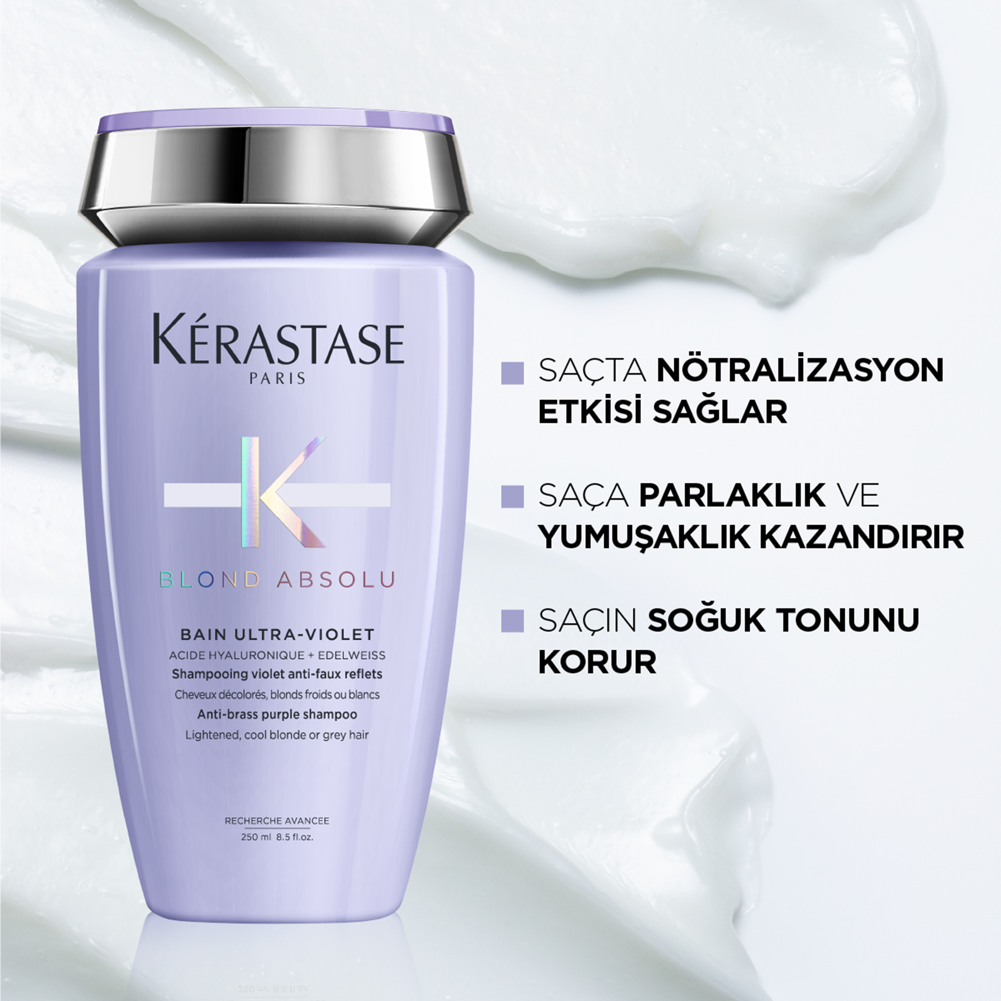 Kerastase Blond Absolu Bain Ultra-Violet İstenmeyen Turuncu Yansımaları Nötralize Eden Şampuan 250 ml - Saçları beslerken, istenmeyen turuncu tonları ortadan kaldıran mor pigmentli şampuan