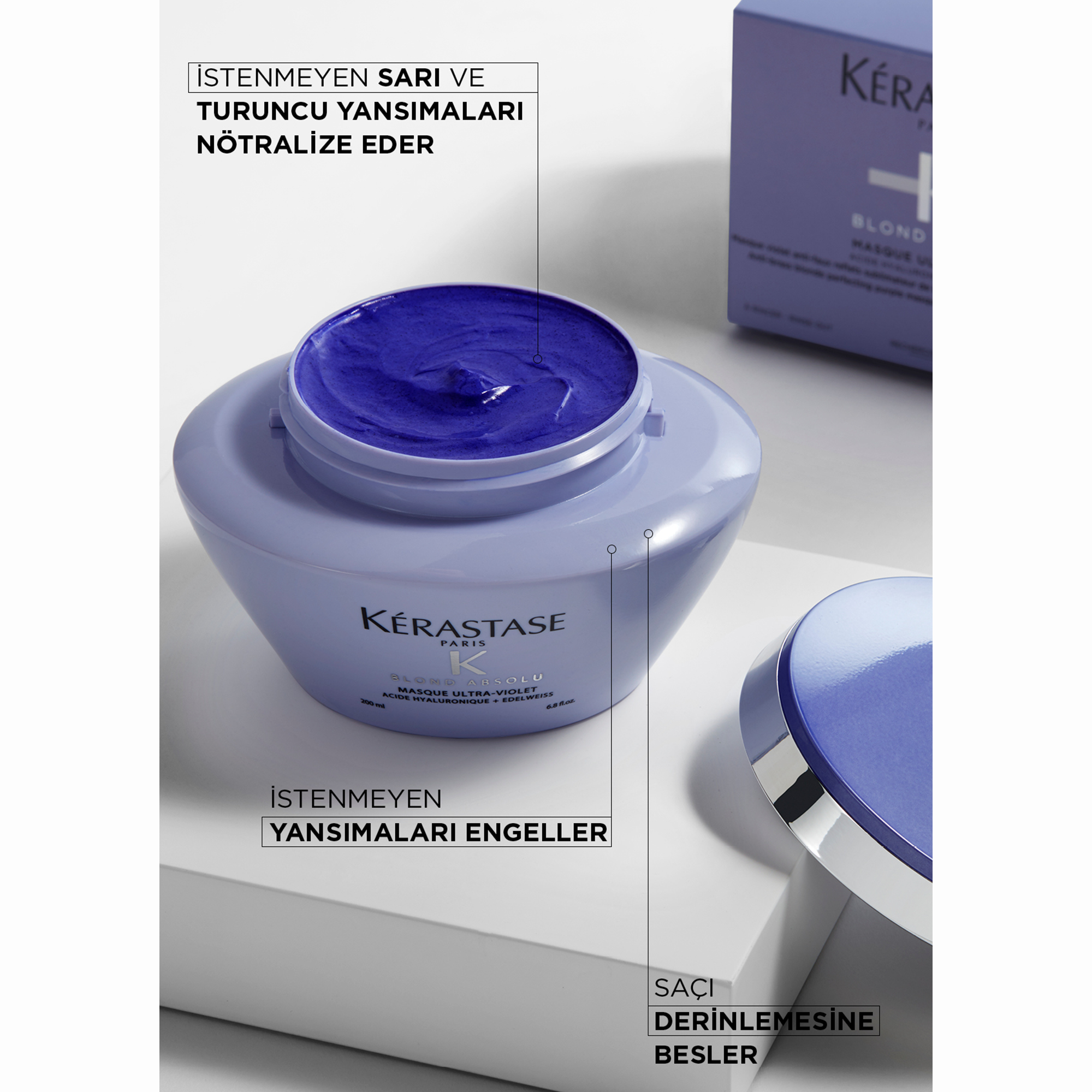 Kerastase Blond Absolu Masque Ultra Violet Sarı Yansımaları Nötralize Eden Saç Maskesi 200 ml - Boyalı saçlar için özel formül, soğuk renk tonlarını koruyarak pürüzsüzlük sağlar
