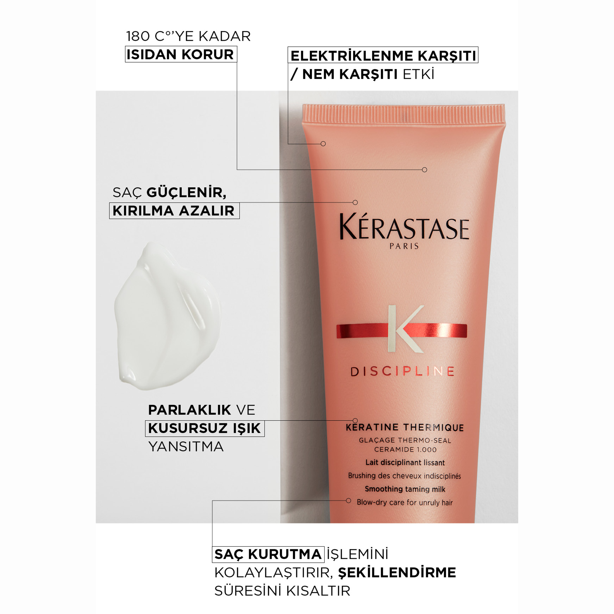 Kerastase Discipline Keratine Thermique Elektriklenme Karşıtı Şekillendirici Saç Bakım Kremi 150 ml – Düzleştirici etkisiyle saçları yumuşatan, pürüzsüzleştiren ve parlaklık kazandıran şekillendirici krem.