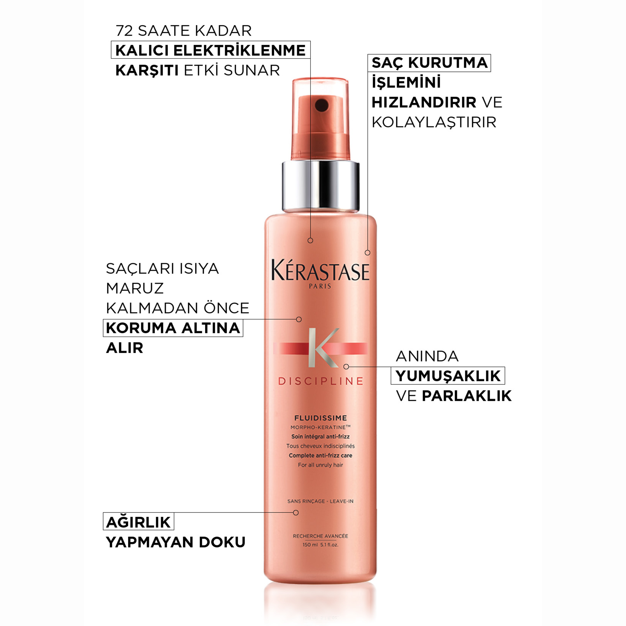 Kerastase Discipline Spray Fluidissime Isıya Karşı Koruyan ve Pürüzsüzlük Veren Elektriklenme Karşıtı Sprey 150 ml – Saçlara ipeksi yumuşaklık ve parlaklık kazandıran, kabarmayı azaltan profesyonel bakım spreyi.