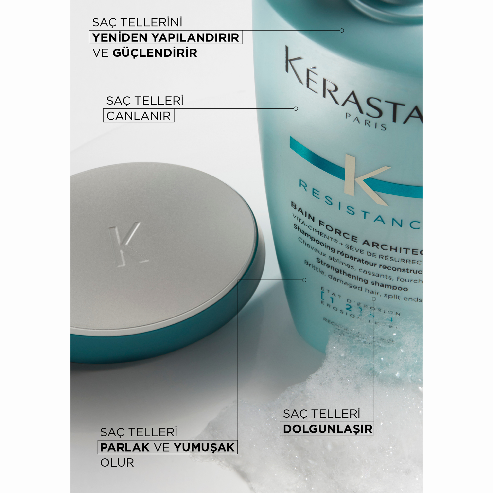 Kerastase Resistance Bain Force Architecte Yıpranmış Saçlar İçin Onarıcı Şampuan 250 ml – Saçın dayanıklılığını artıran ve kırılmaları azaltan profesyonel formül.