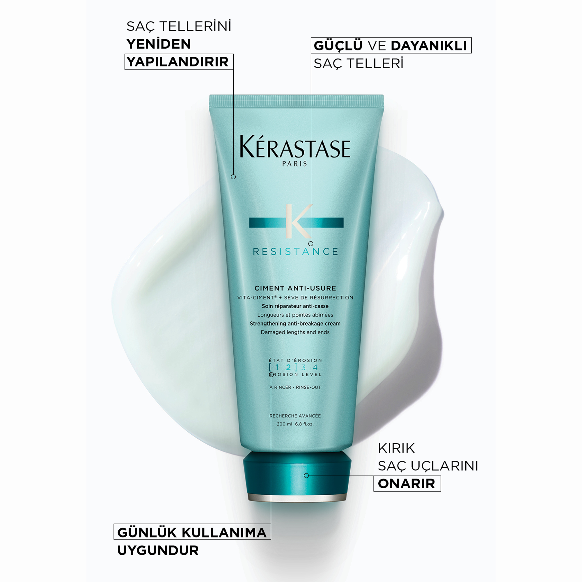 Kerastase Resistance Reconstruction Ciment Anti-Usure Zayıf ve Yıpranmış Saçlar için Onarıcı Durulanan Bakım Kremi 200 ml – Saçın kırılmasını önleyerek daha güçlü ve sağlıklı görünmesini sağlayan profesyonel krem.