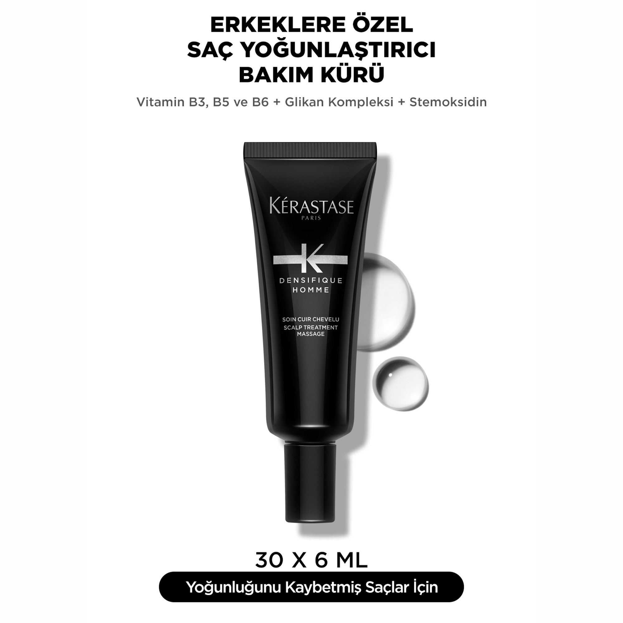 Kerastase Densifique Homme Saç Yoğunlaştırıcı Bakım Kürü 30 x 6 ml – Erkekler için geliştirilmiş, saç yoğunluğunu artırarak sağlıklı bir görünüm sağlayan bakım kürü.