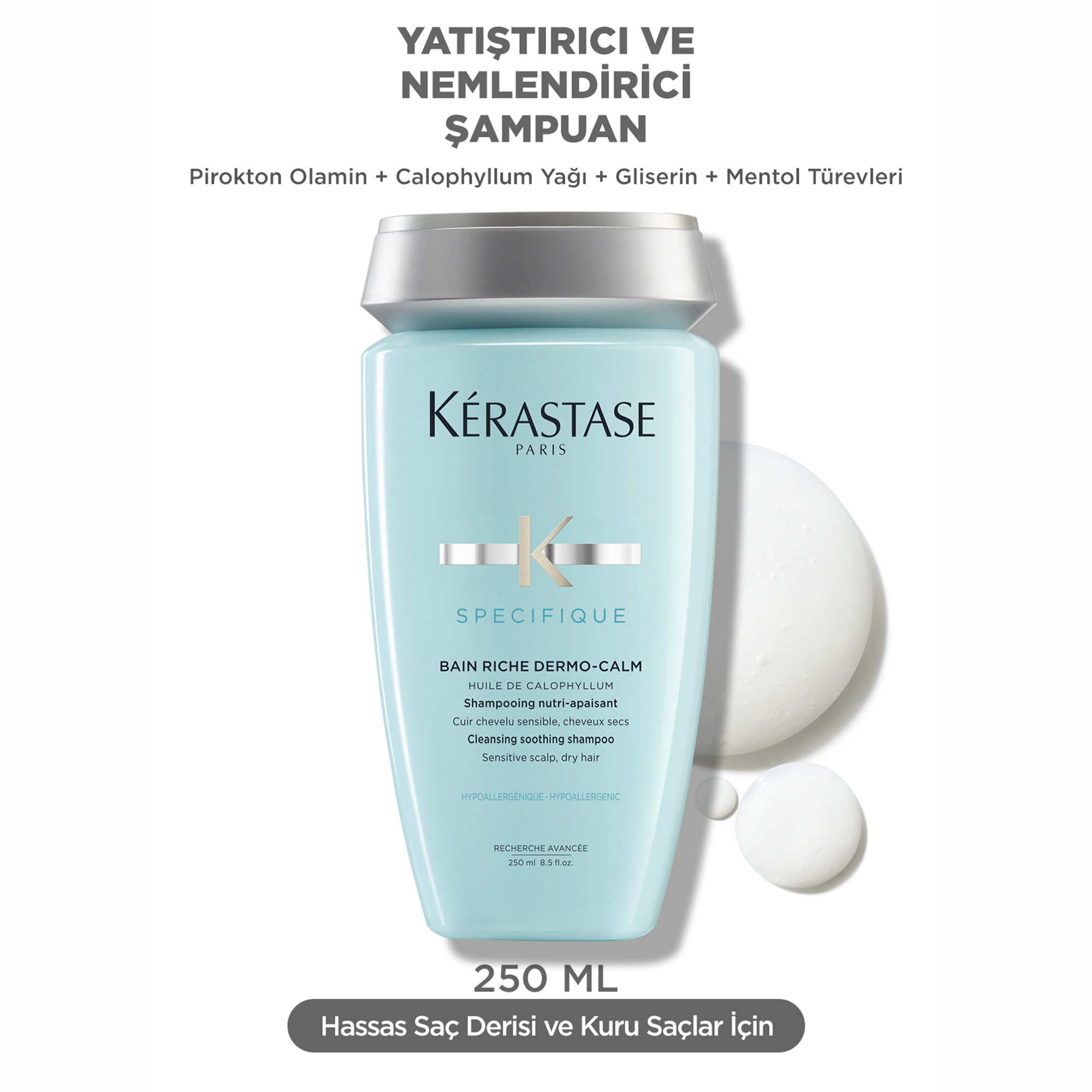 Kerastase Specifique Bain Dermocalm Riche Kuru Saç Derisi için Hassasiyet Karşıtı Şampuan 250 ml – Kuru ve hassas saç derisini yatıştıran, besleyici ve rahatlatıcı etkili özel bakım şampuanı.