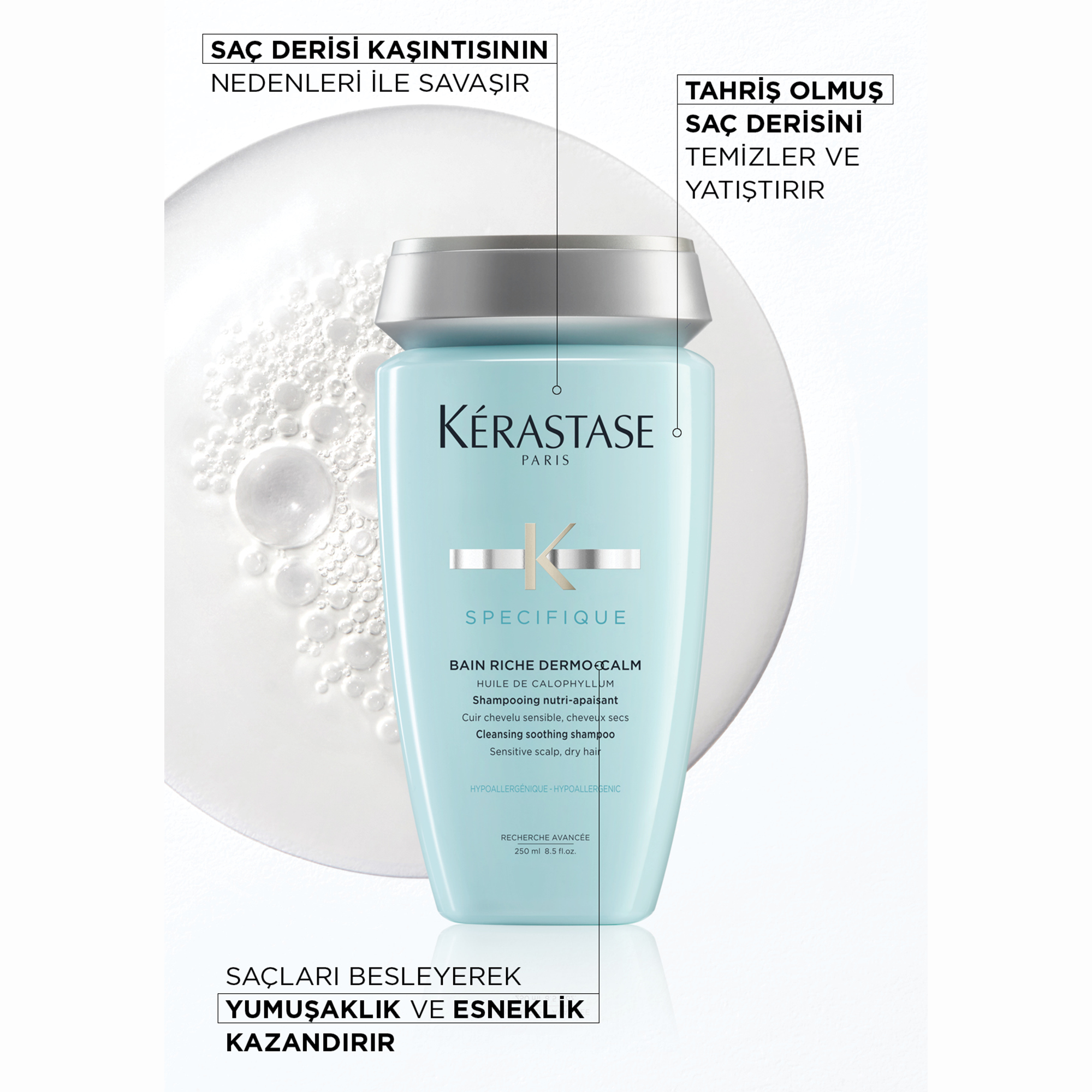 Kerastase Specifique Bain Dermocalm Riche Kuru Saç Derisi için Hassasiyet Karşıtı Şampuan 250 ml – Saç derisindeki kızarıklık ve gerginliği azaltmaya yardımcı, nemlendirici içerikli şampuan.