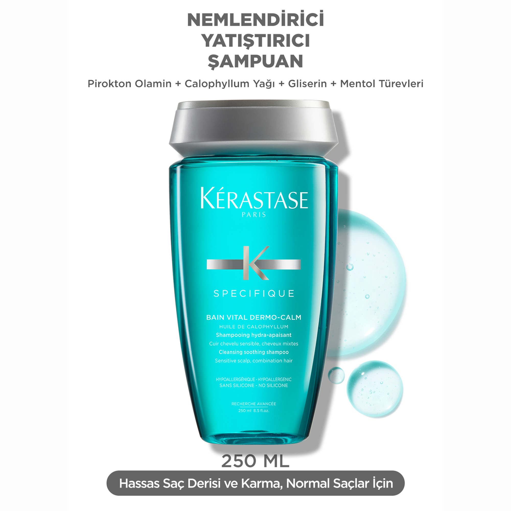 Kerastase Specifique Bain Vital Dermocalm Yağlı Saç Derisi için Hassasiyet Karşıtı Şampuan 250 ml – Yağlı ve hassas saç derisini yatıştırarak dengeleyen, ferahlatıcı etkili profesyonel şampuan.