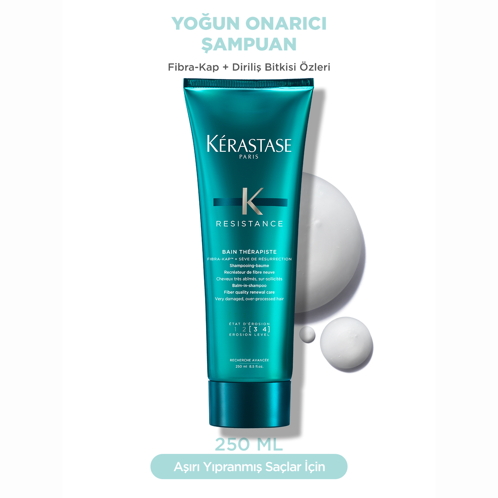 Kerastase Resistance Therapist Bain Therapiste Çok Yıpranmış ve Aşırı İşlem Görmüş Saçlar için Onarıcı Şampuan 250 ml – Çok yıpranmış saçları derinlemesine onaran, saçı besleyerek güçlendiren profesyonel şampuan.