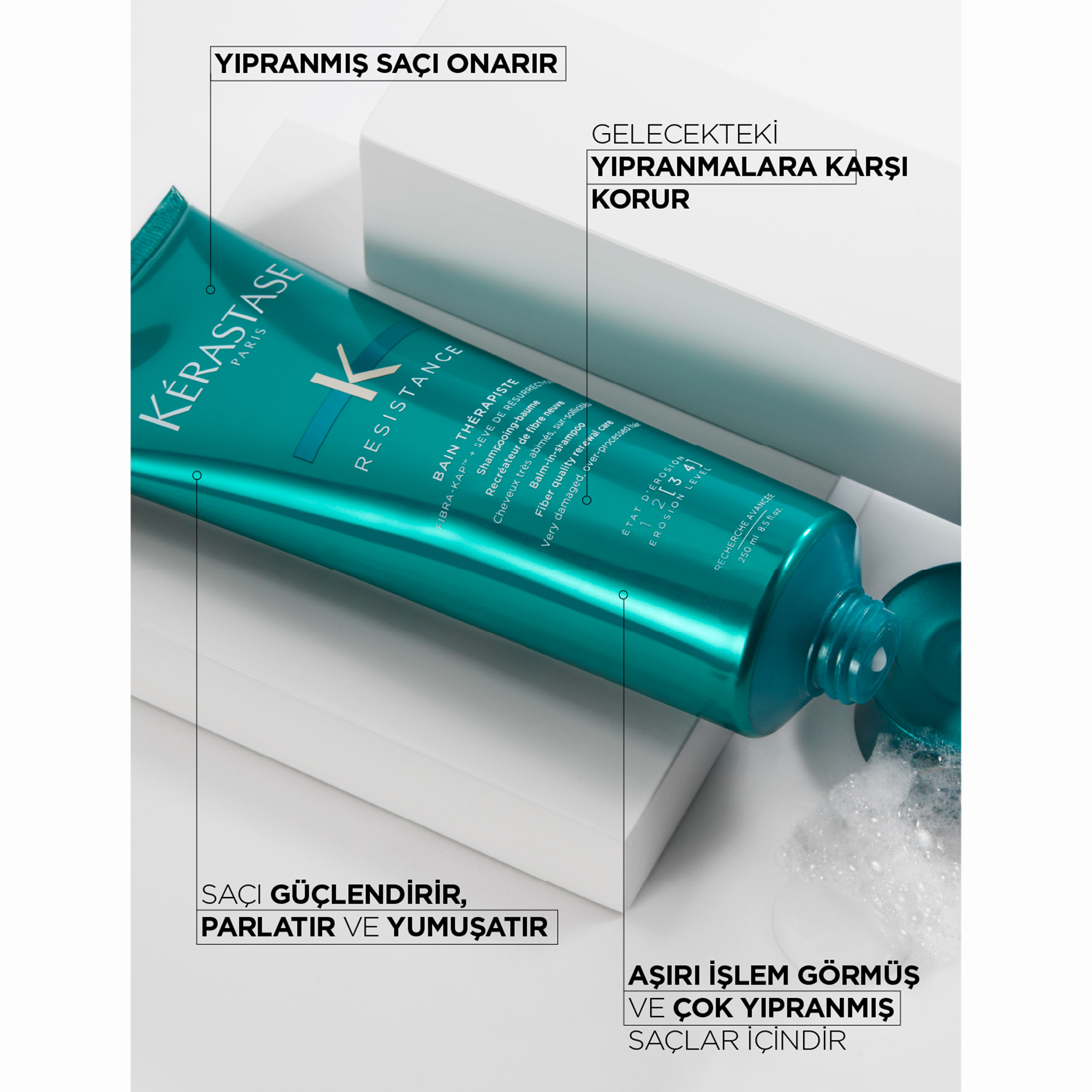 Kerastase Resistance Therapist Bain Therapiste Çok Yıpranmış ve Aşırı İşlem Görmüş Saçlar için Onarıcı Şampuan 250 ml – Saçın iç yapısını onararak kırıkları azaltan, nemlendirici ve onarıcı şampuan.