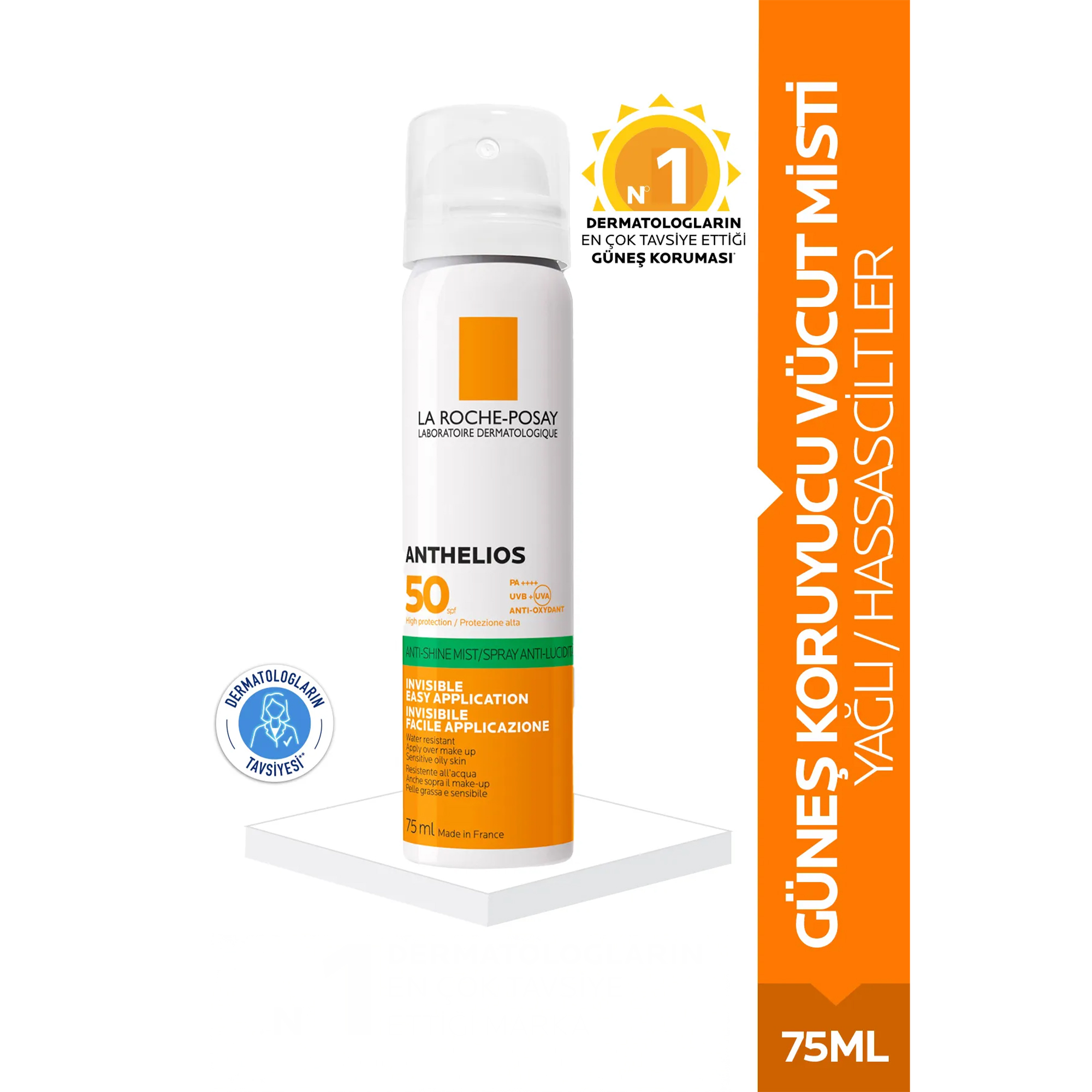 La Roche Posay Anthelios Spf 50+ Anti Shine Face Mist 75 ml – Yüzdeki parlamayı engelleyen, SPF 50+ koruma sunan 75 ml'lik La Roche Posay Anthelios anti shine yüz spreyi.