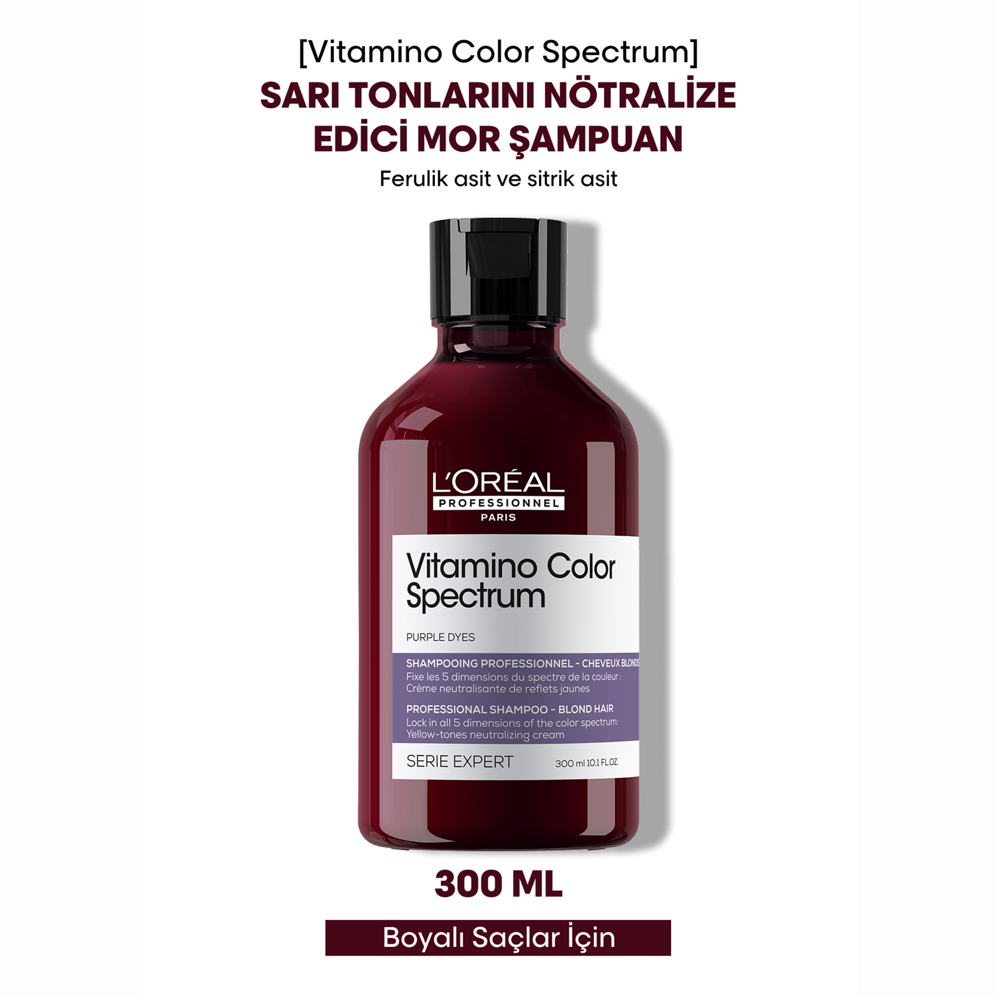 Loreal Professionnel Paris Serie Expert Vitamino Color Spectrum Sarı Saçlar İçin Sarı Tonlarını Nötralize Edici Mor Şampuan 300 ml - Sarı tonları nötralize ederek saç rengini soğutur ve doğal bir parlaklık kazandırır.
