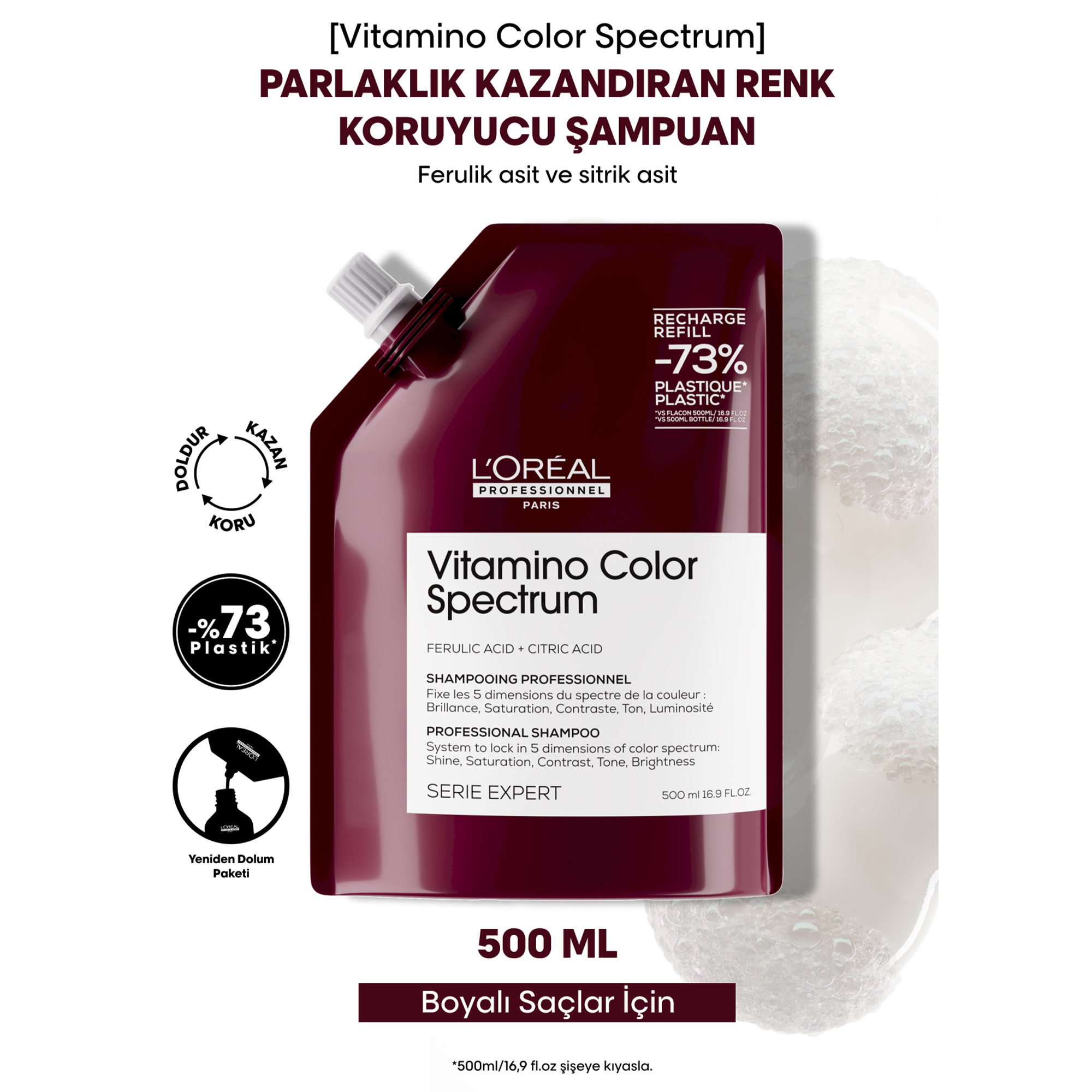 Loreal Professionnel Paris Serie Expert Vitamino Color Spectrum Boyalı Saçlar İçin Solma Karşıtı Şampuan Refill 500 ml - Boyalı saçların renginin solmasını önler ve saçlara uzun süreli parlaklık kazandırır.
