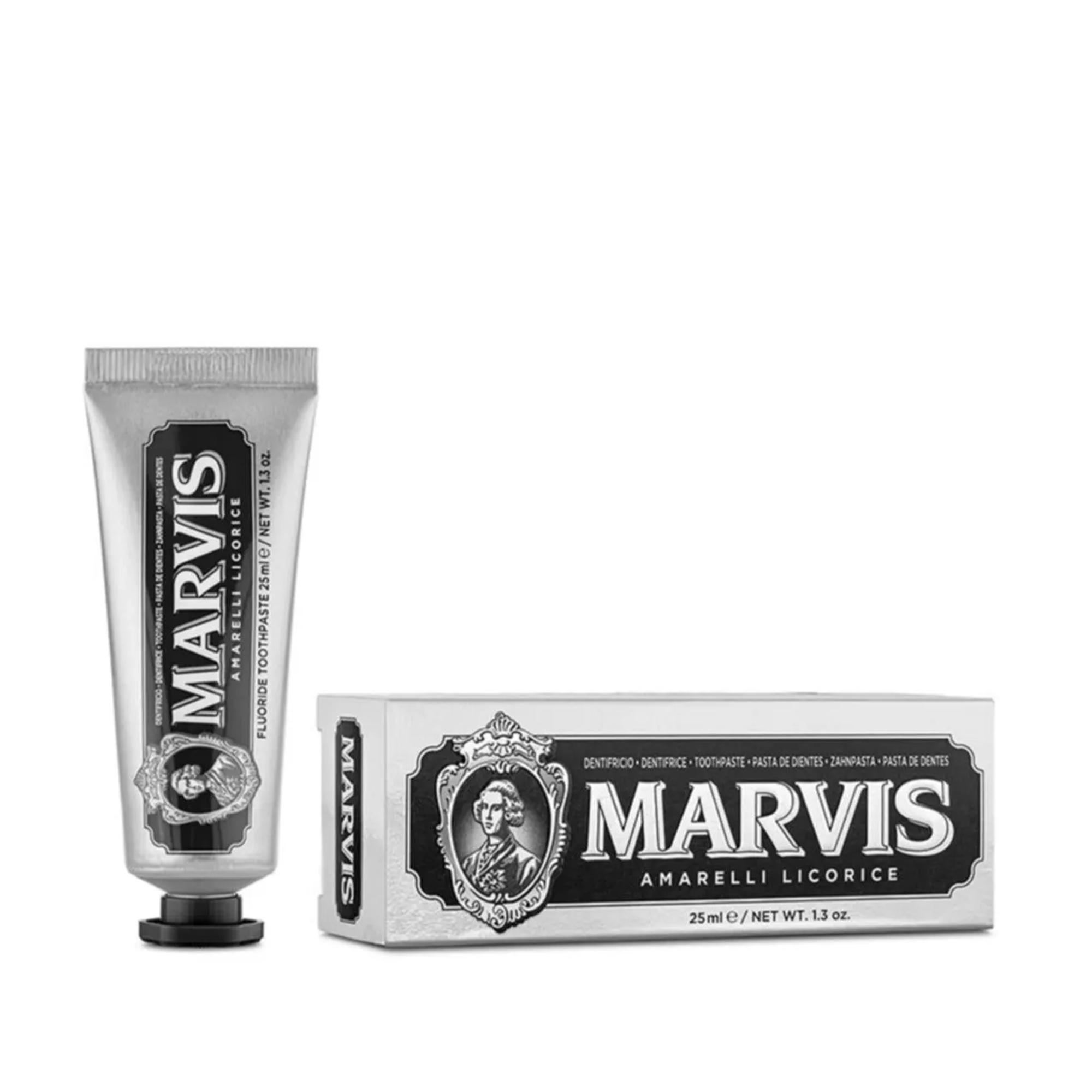 Marvis Amerelli Licorice Meyanköklü Diş Macunu 25 ml – Meyankökü aromalı, dişleri nazikçe temizleyip ferahlatan 25 ml'lik Marvis diş macunu.