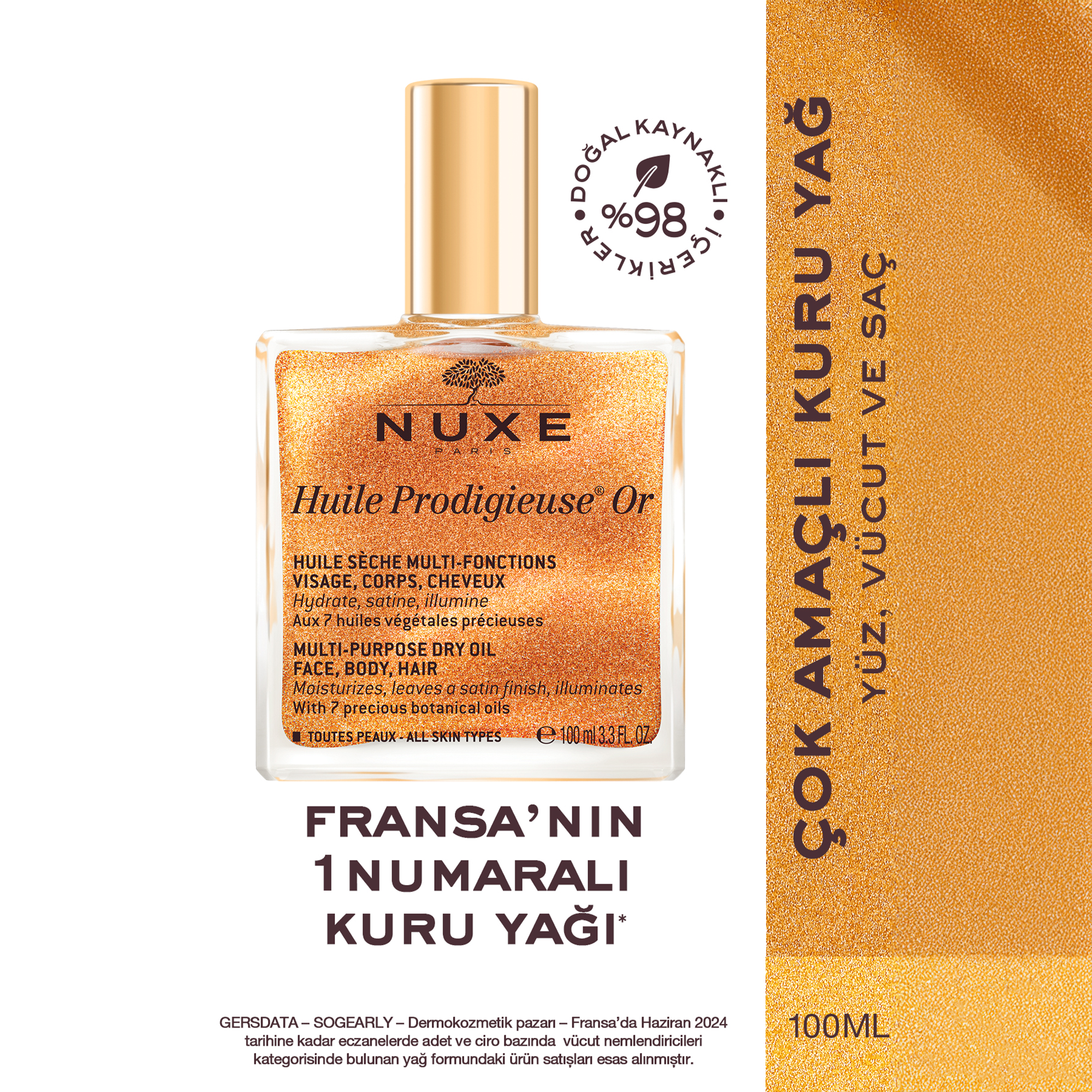 Nuxe Huile Prodigieuse Or Dry Oil Altın Parıltılı Çok Amaçlı Kuru Yağ 100 ml - Altın parıltı ile cilt, saç ve vücuda ışıltı kazandıran çok amaçlı kuru yağ