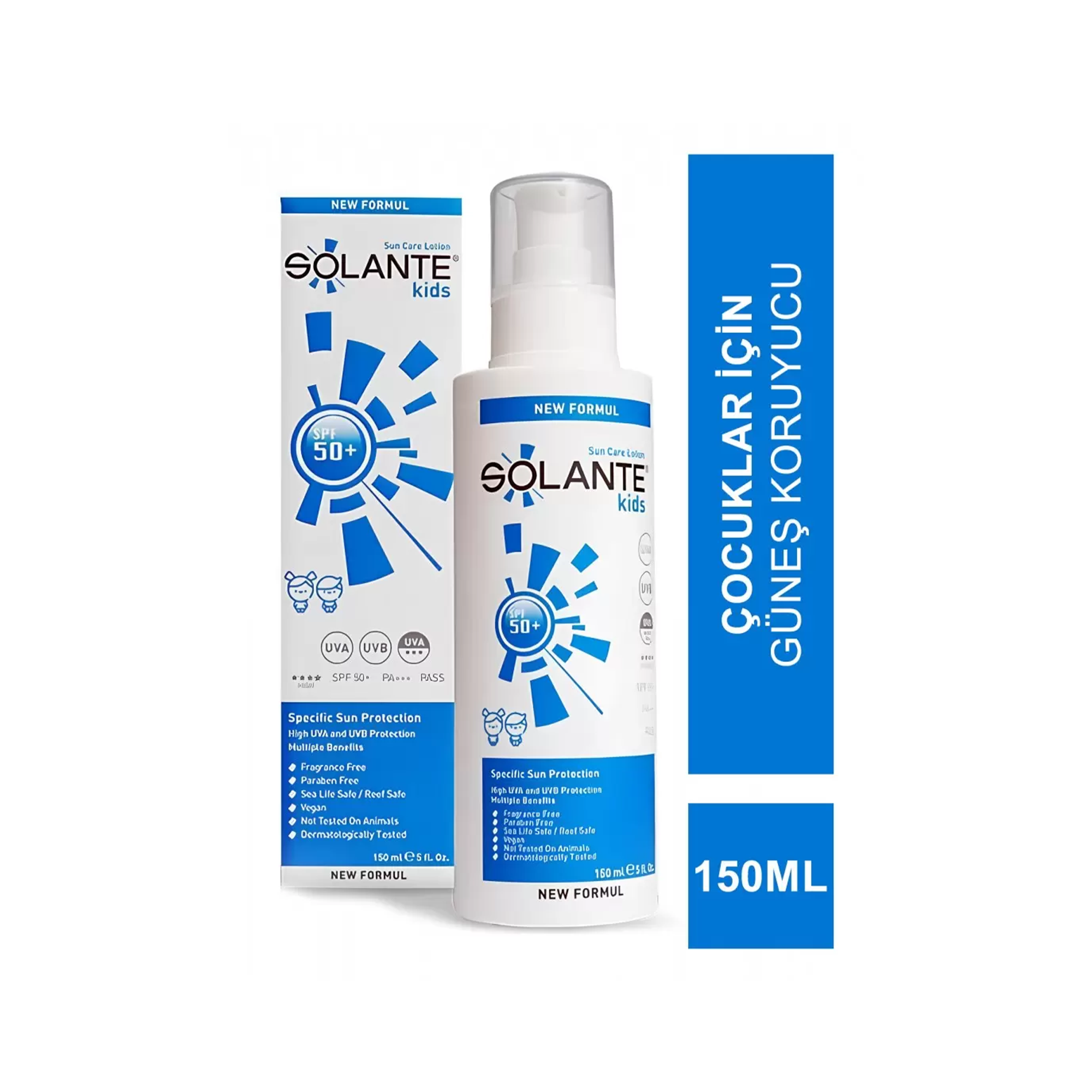 Solante Kids SPF50+ Losyon 150 ml - Çocuklar için özel olarak formüle edilmiş, güçlü güneş koruma özellikli losyon.
