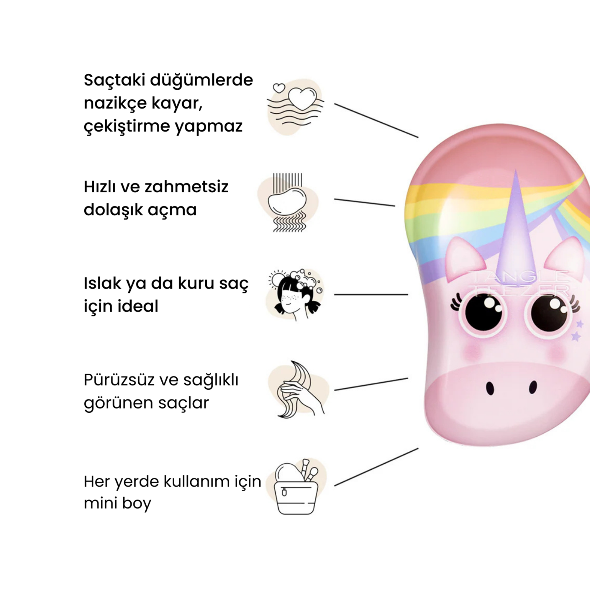 Tangle Teezer The Original Mini Rainbow The Unicorn Çocuk Saç Fırçası - Renkli ve eğlenceli tasarımıyla, çocuk saçlarını rahatça açan mini fırça