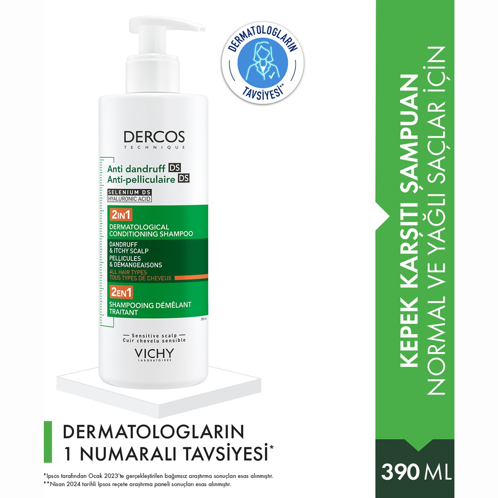 Vichy Dercos 2’si 1 Arada Kepek Karşıtı ve Nemlendirici Şampuan 390 ml - Kepek oluşumunu engeller ve kuru saçları derinlemesine nemlendirir.