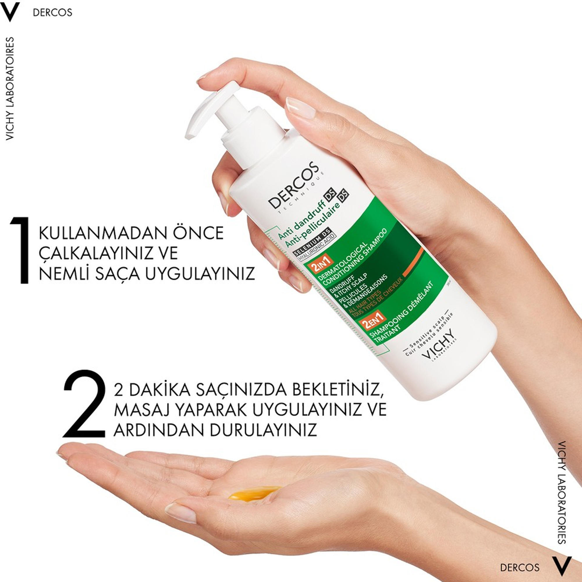 Vichy Dercos 2’si 1 Arada Kepek Karşıtı ve Nemlendirici Şampuan 390 ml - Saçları yumuşatır, kepek sorununu giderir ve saçın doğal nem dengesini korur.
