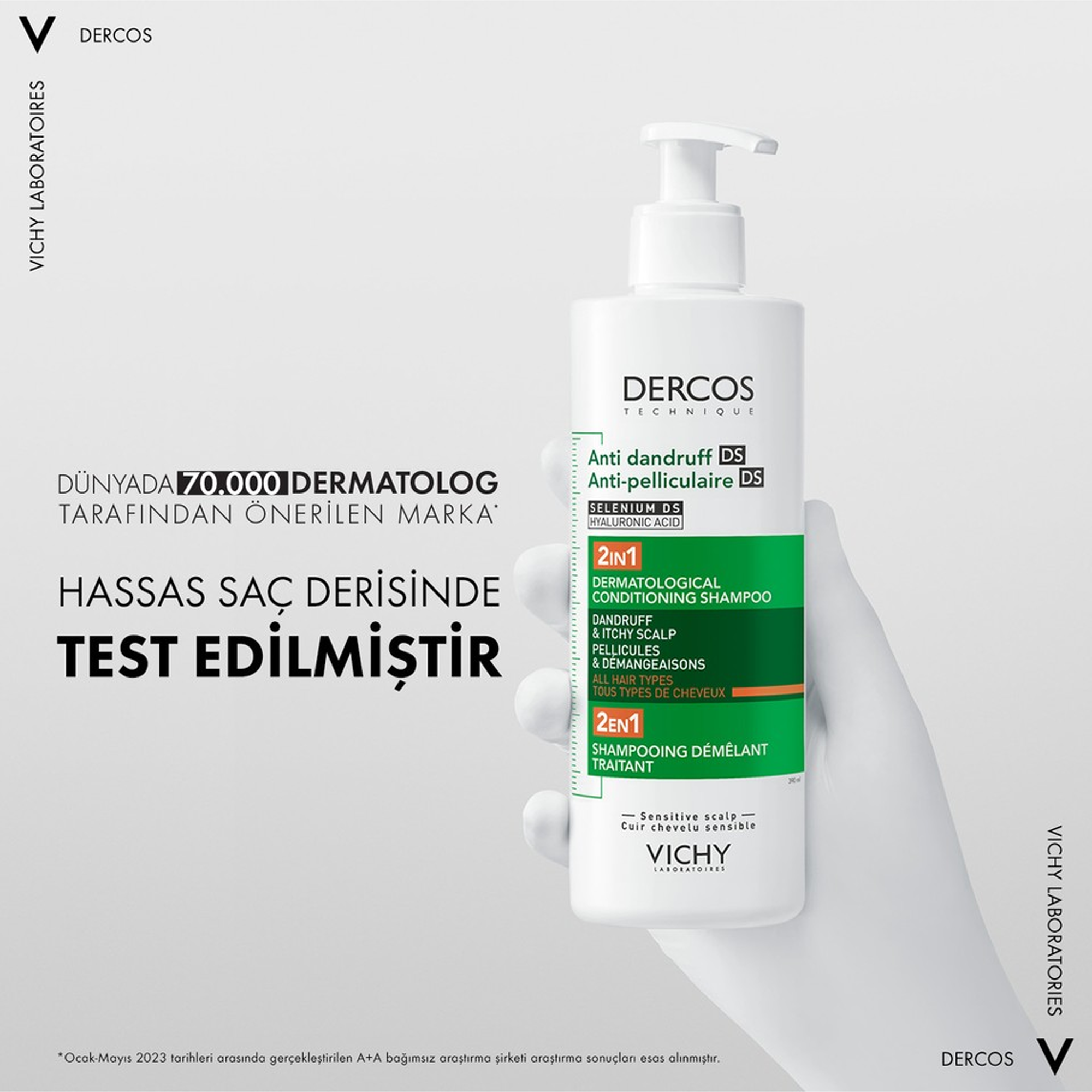 Vichy Dercos 2’si 1 Arada Kepek Karşıtı ve Nemlendirici Şampuan 390 ml - Günlük kullanım için uygun olan bu şampuan, saçın nem ihtiyacını giderir ve sağlıklı bir görünüm sunar.
