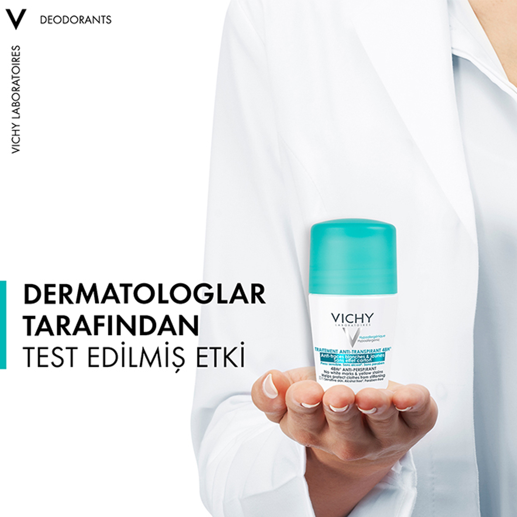 Vichy Anti-Transpirant Hassas Ciltler için 48h Terleme Karşıtı İz Bırakmayan Kadın Roll-On Deodorant 50 ml – Hassas ciltlerde 48 saat etkin koruma sağlayan, iz bırakmayan terleme karşıtı roll-on deodorant.