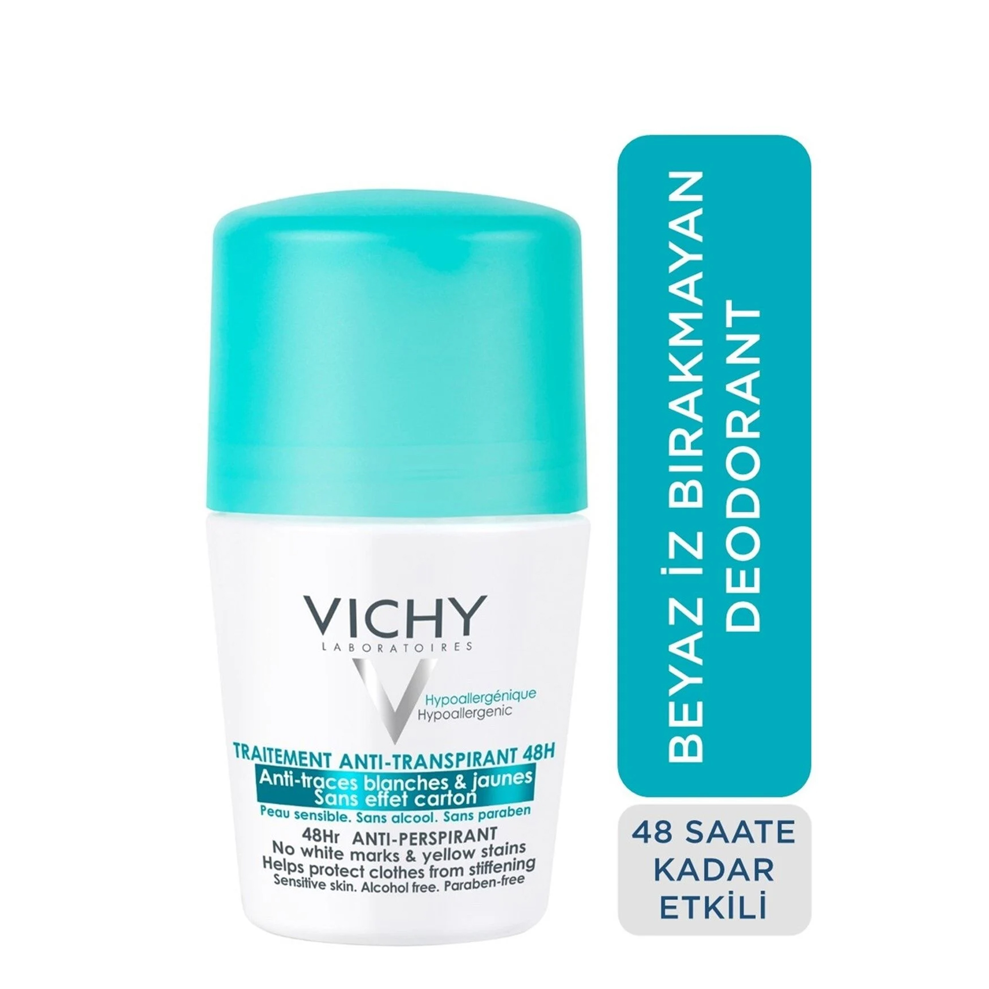 Vichy Anti-Transpirant Hassas Ciltler için 48h Terleme Karşıtı İz Bırakmayan Kadın Roll-On Deodorant 50 ml – Cildi koruyarak terlemeyi engelleyen ve iz bırakmayan etkili kadın deodorantı.
