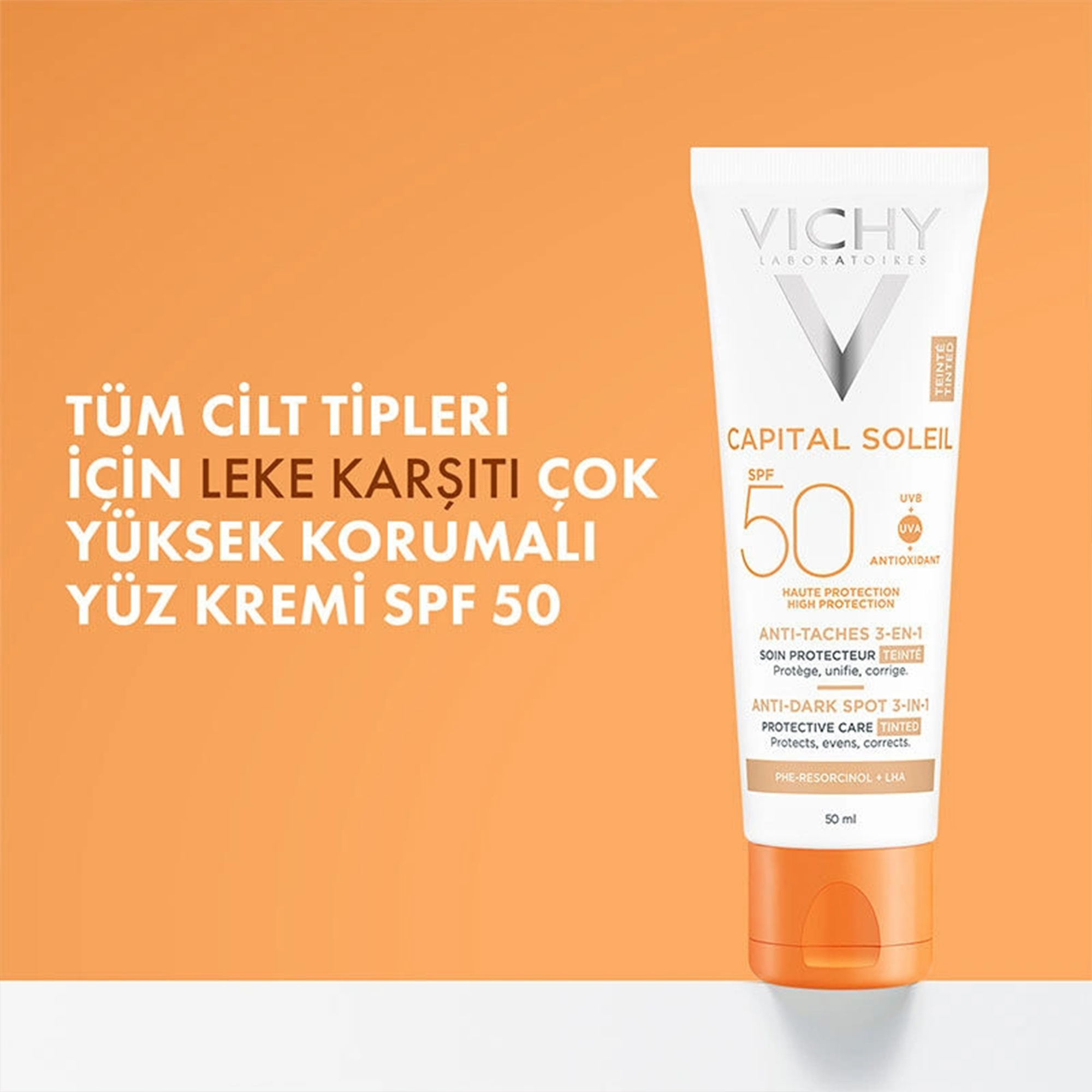 Vichy Capital Soleil Anti Dark Spots SPF 50 Leke Karşıtı Renkli Güneş Kremi 50 ml – Güneş ışınlarına karşı güçlü koruma sunarken ciltteki renk eşitsizliklerini gideren, renkli güneş kremi.