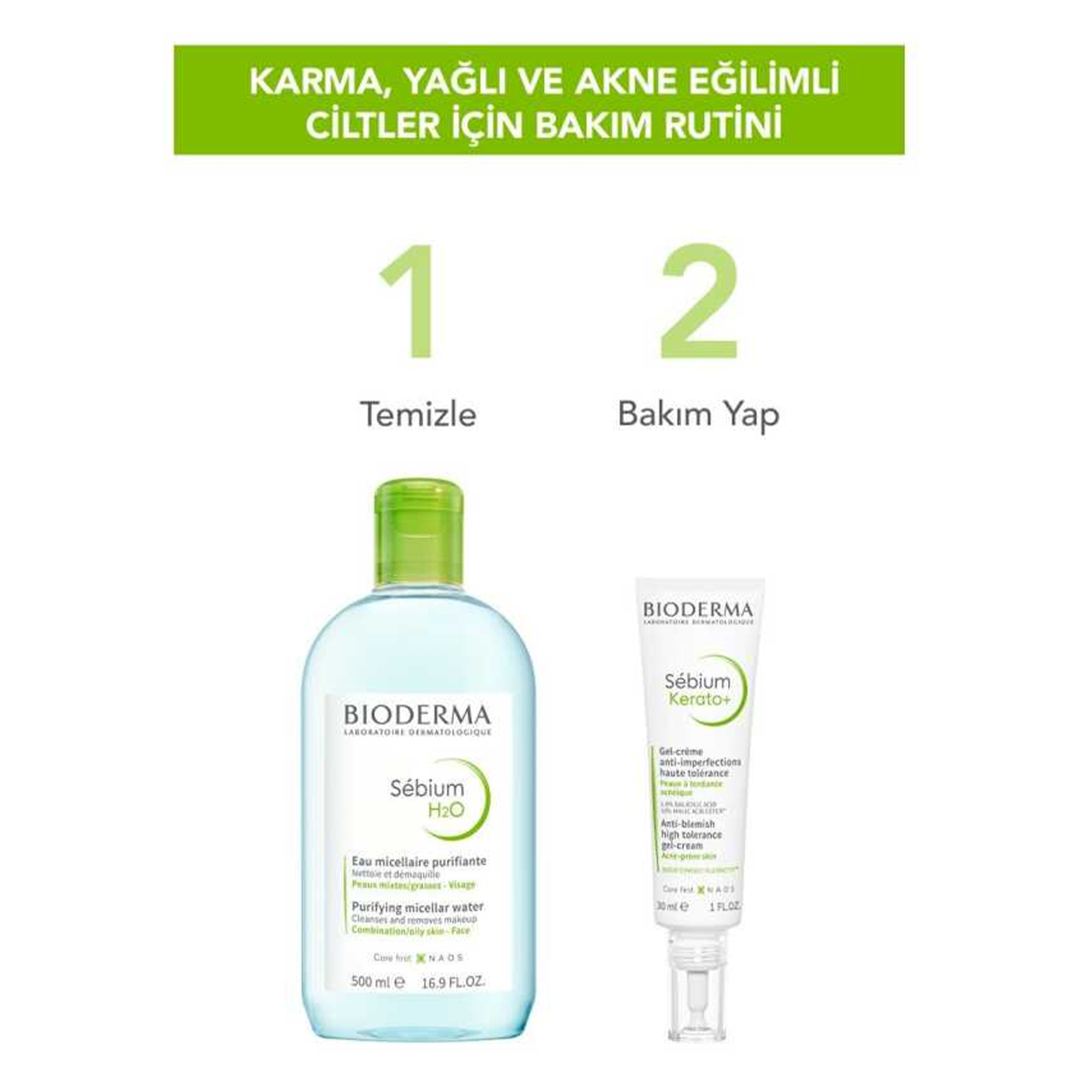 Bioderma Sebium H2O Misel Su 500 ml – Akneye eğilimli ciltlerde dengeleyici etkisiyle temizleme yapan, cildi taze tutan misel su.