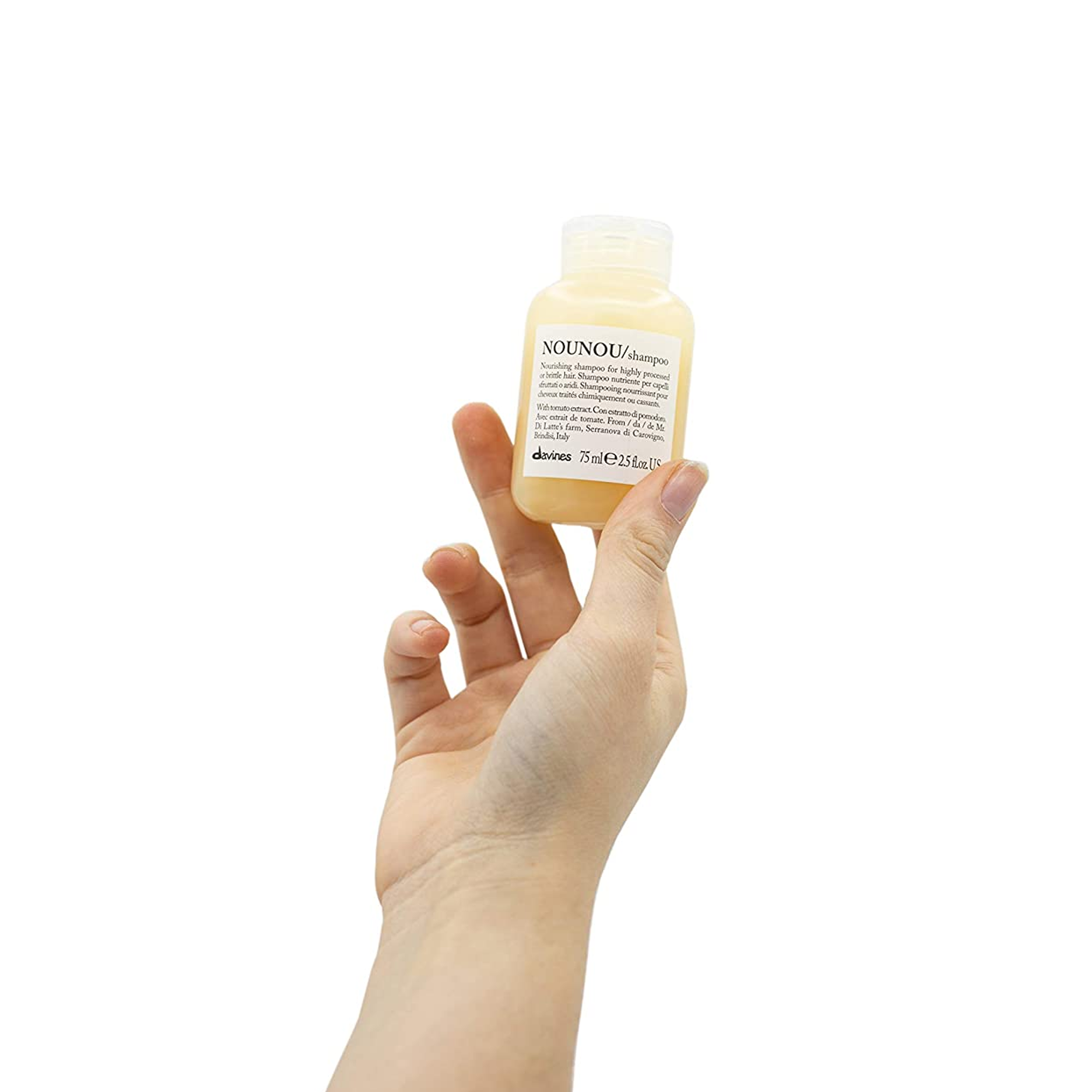 Davines Nounou Besleyici ve Koruyucu Bakım Şampuanı 75 ml – Kimyasal işlem görmüş ve yıpranmış saçlar için onarıcı etki sunan seyahat boy şampuan.