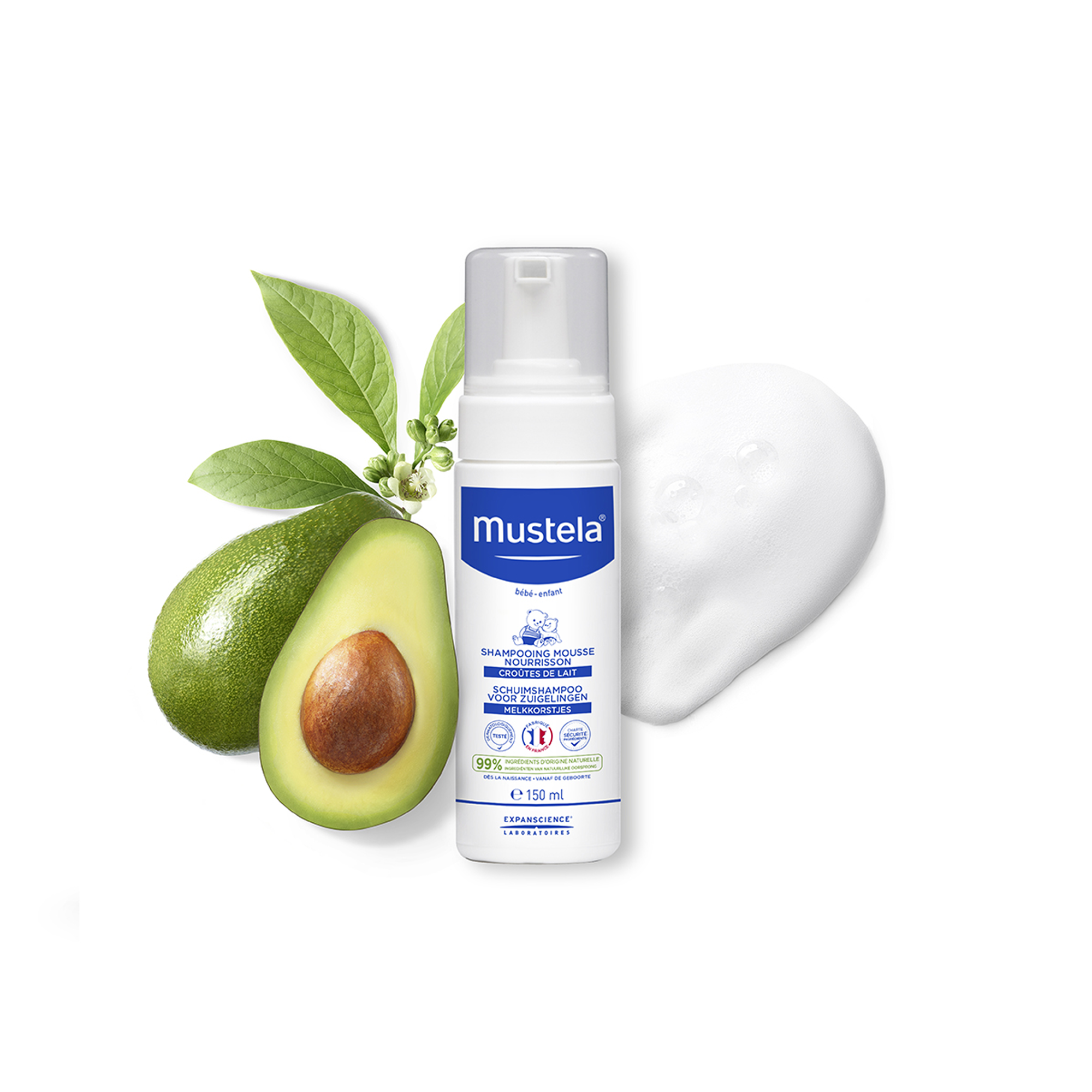 Mustela Yenidoğan Köpük Şampuan 150 ml – Yenidoğan bebeklerin hassas saç derisi için nazik temizlik sağlayan, göz yakmayan köpük şampuan.