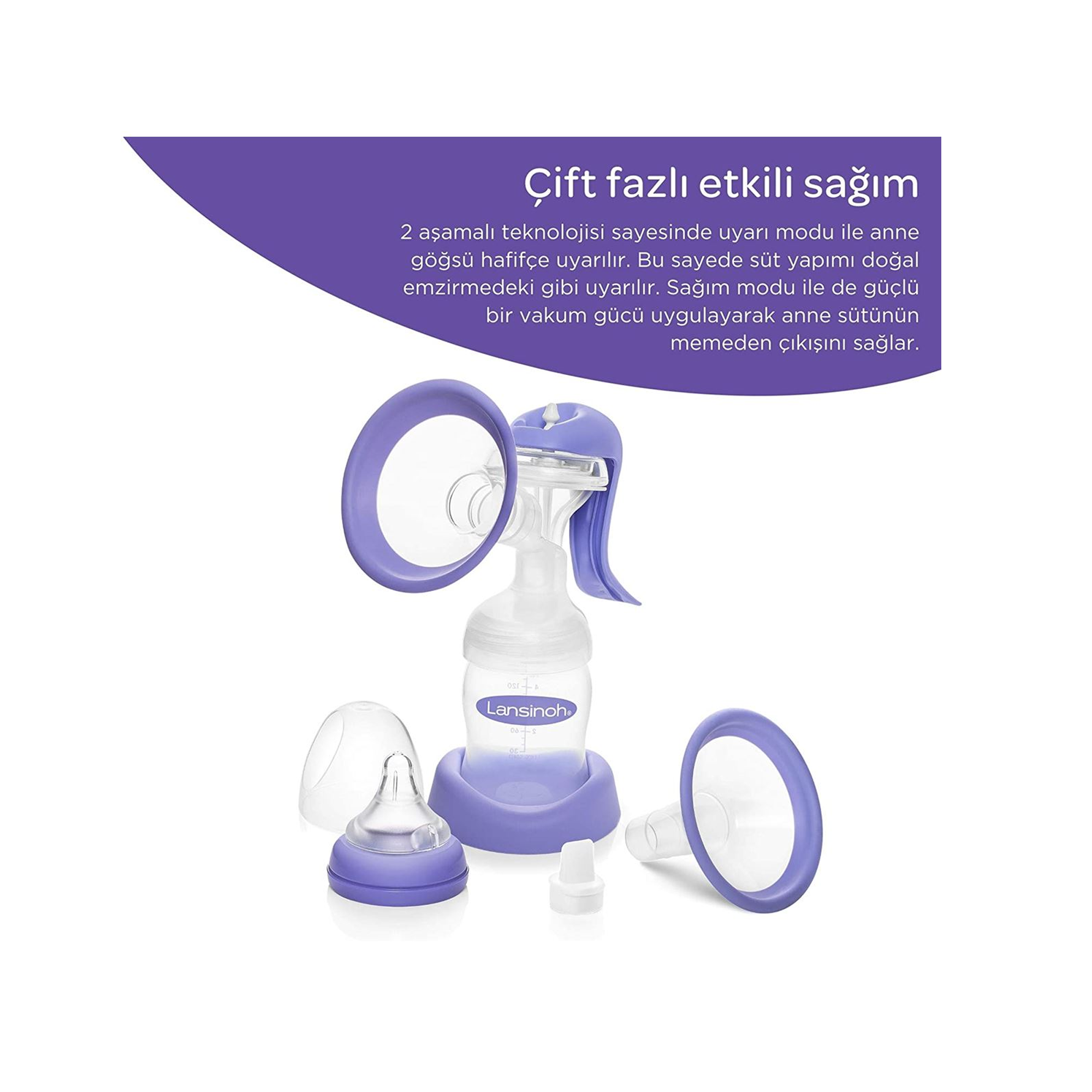 Lansinoh Manuel Göğüs Pompası - Sessiz ve pratik kullanım sunan, ergonomik tasarımlı el tipi süt sağma pompası