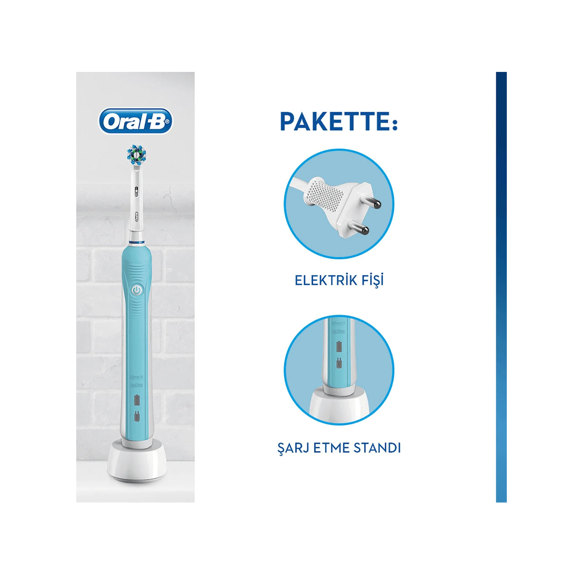 Oral-B Pro 500 Şarj Edilebilir Diş Fırçası Cross Action Mavi - Etkili temizlik sunan, döner başlıklı şarjlı elektrikli diş fırçası