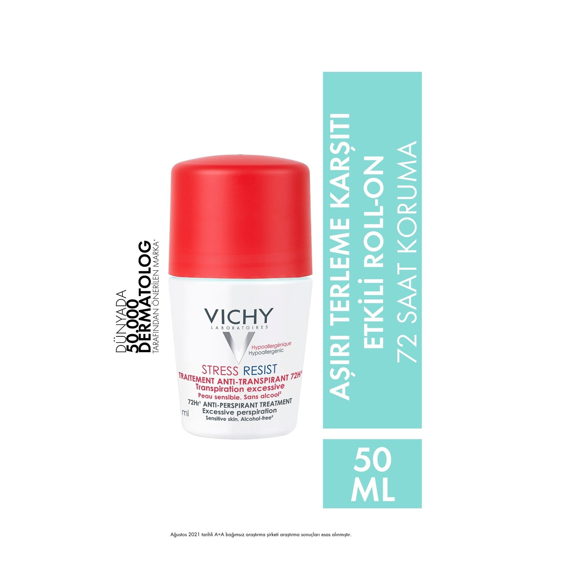 Vichy Stress Resist Hassas Ciltler için 72h Terleme Karşıtı Kadın Roll-On Deodorant 50 ml – Hassas ciltler için 72 saat etkili koruma sağlayan, ferahlatıcı 50 ml'lik Vichy Stress Resist roll-on deodorant.