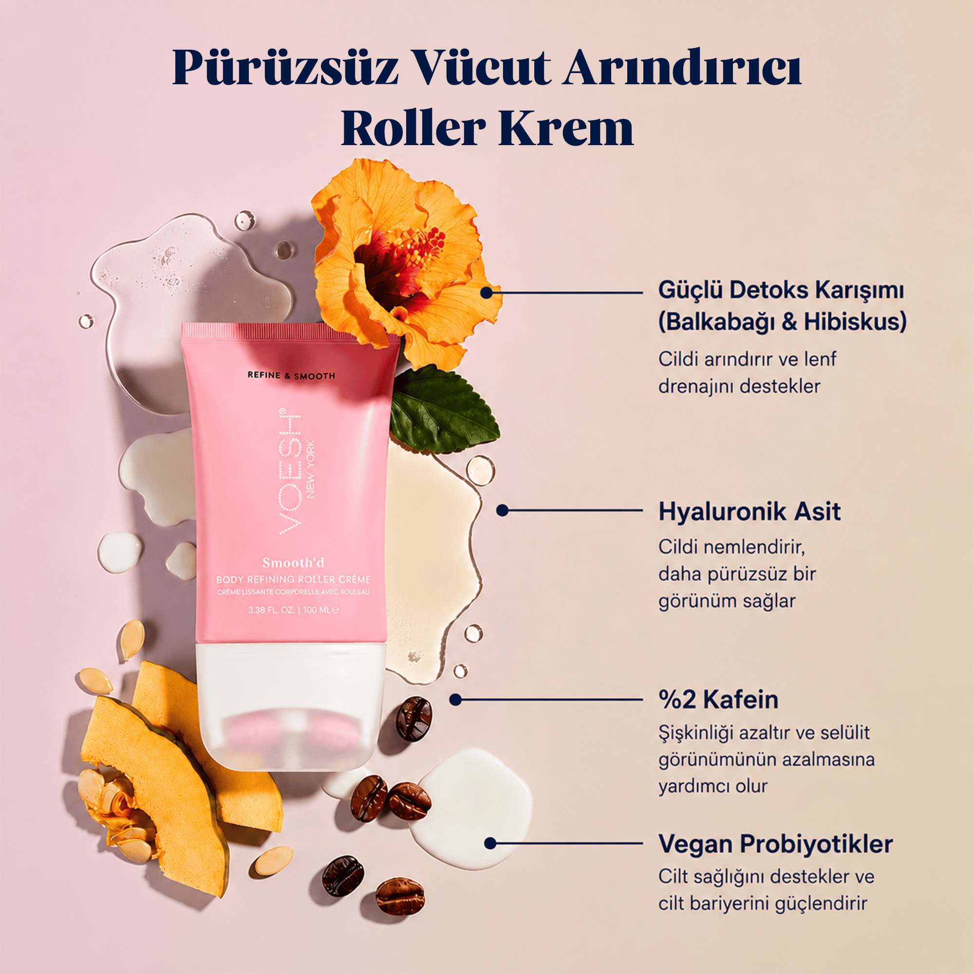 Voesh New York Smooth'D Body Refining Roller Krem 100 ml - Cildi pürüzsüzleştirir ve vücut hatlarını belirginleştirir.
