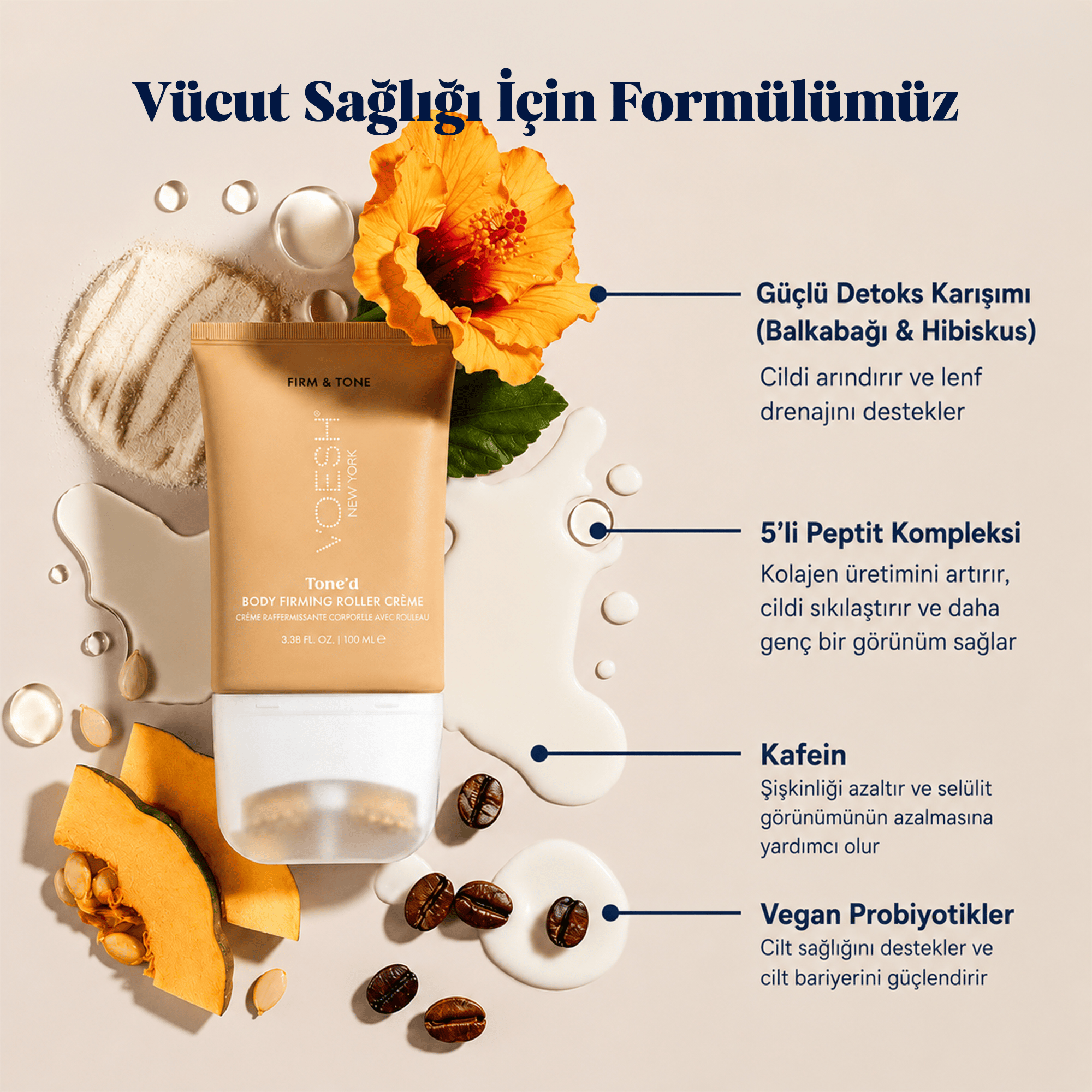 Voesh New York Tone'D Body Firming Roller Krem 100 ml - Vücut hatlarını şekillendiren ve sıkılaştıran etkiyle cildinizi güçlendirir.