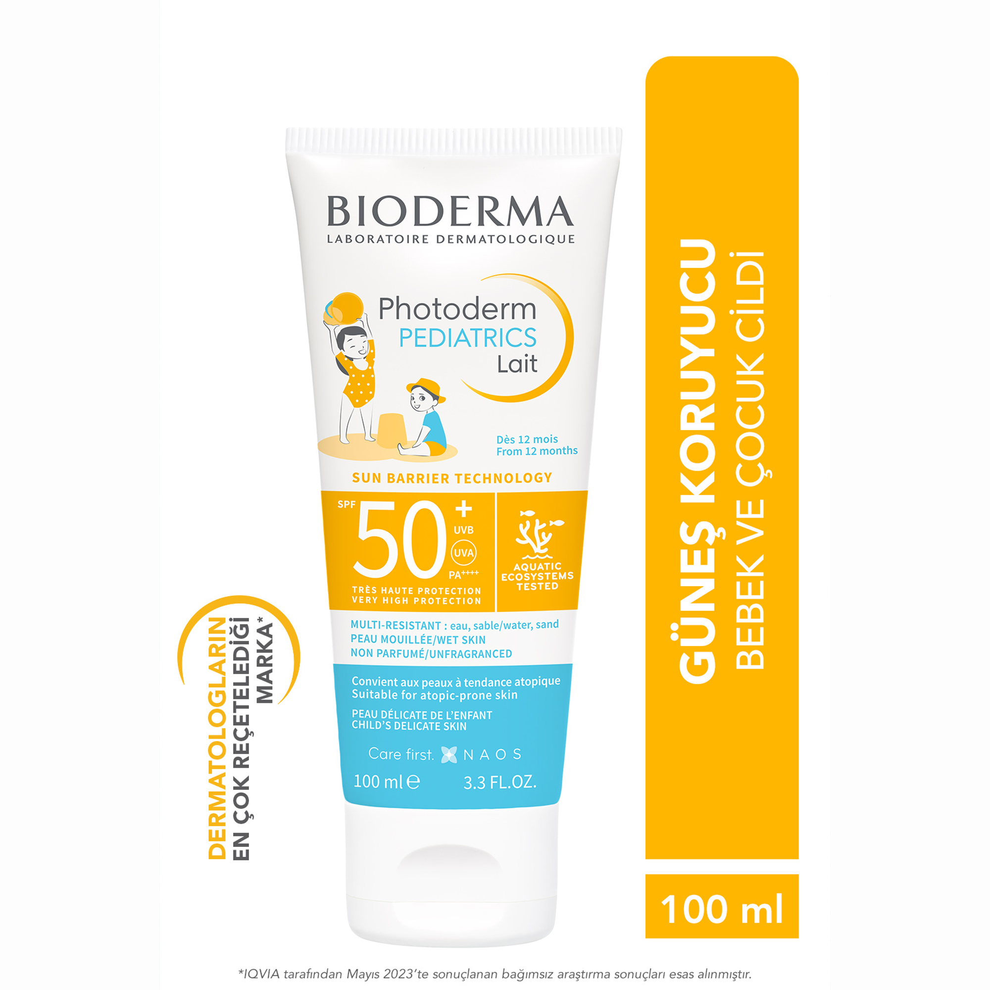 Bebekler ve çocuklar için özel olarak formüle edilmiş Bioderma Photoderm Pediatrics Lait SPF50+ 100 ml. Nazik ve güvenli formülüyle cildinizi tahriş etmeden korur.