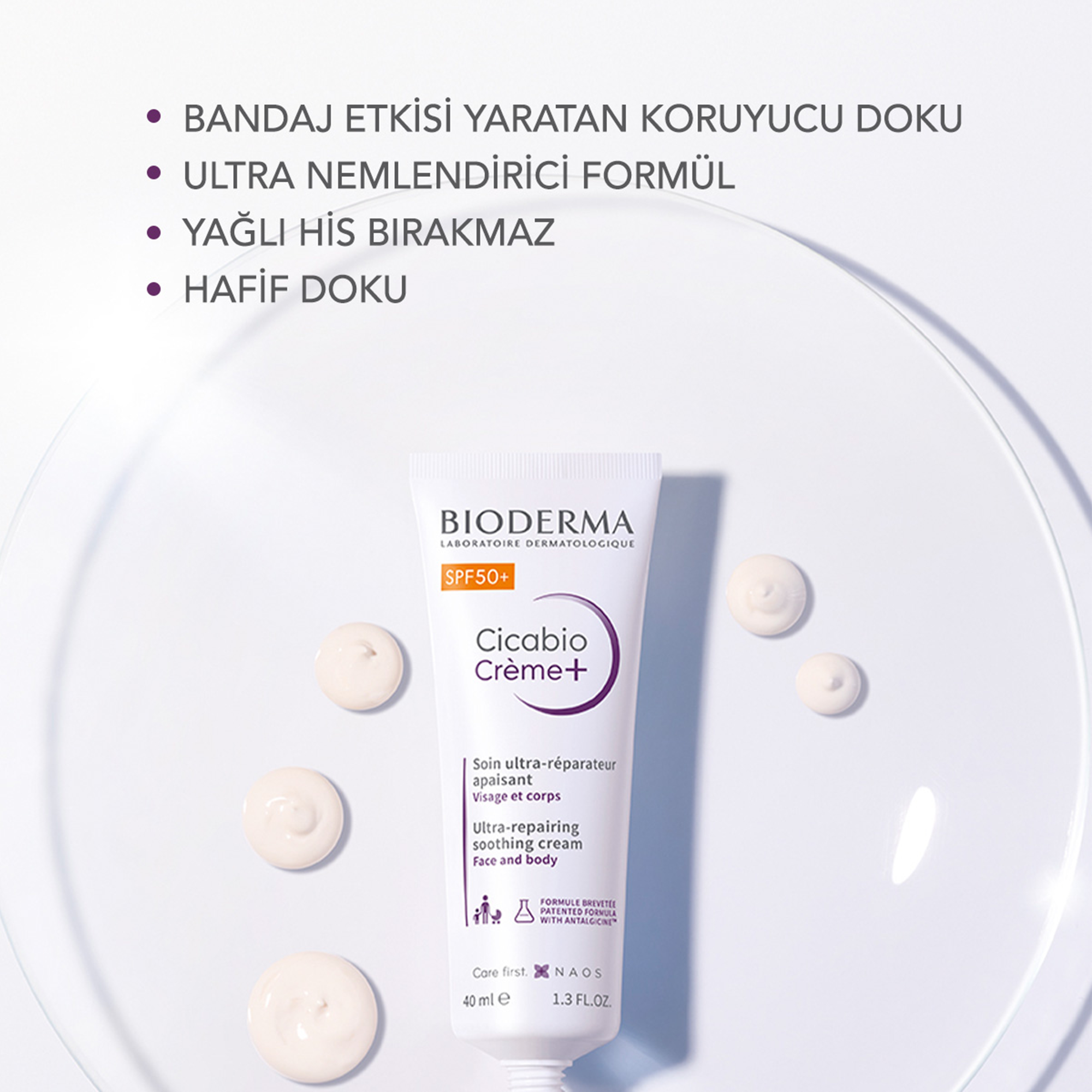 Bioderma Cicabio Cream+ SPF 50+ Güneş Koruyucu Onarım Bakım Kremi 40 ml – Cilt bariyerini onarırken güneşe karşı yüksek koruma sağlayan, nemlendirici ve yatıştırıcı bakım kremi.