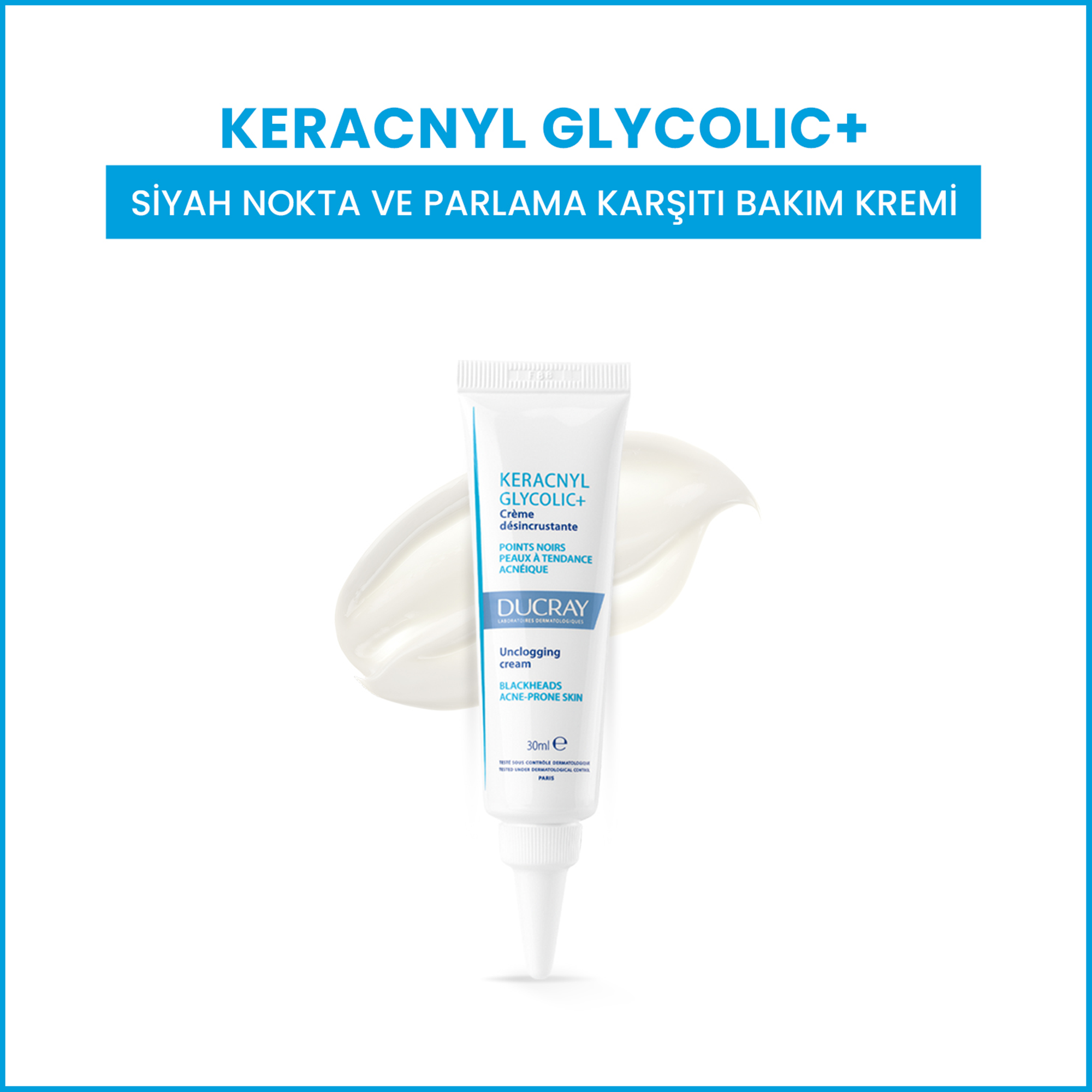 Ducray Keracnyl Glycolic+ Siyah Nokta Sivilce ve Parlama Karşıtı Bakım Kremi 30 ml - Ducray Keracnyl Glycolic+, siyah nokta ve sivilceye karşı bakım yapan, 30 ml'lik krem.
